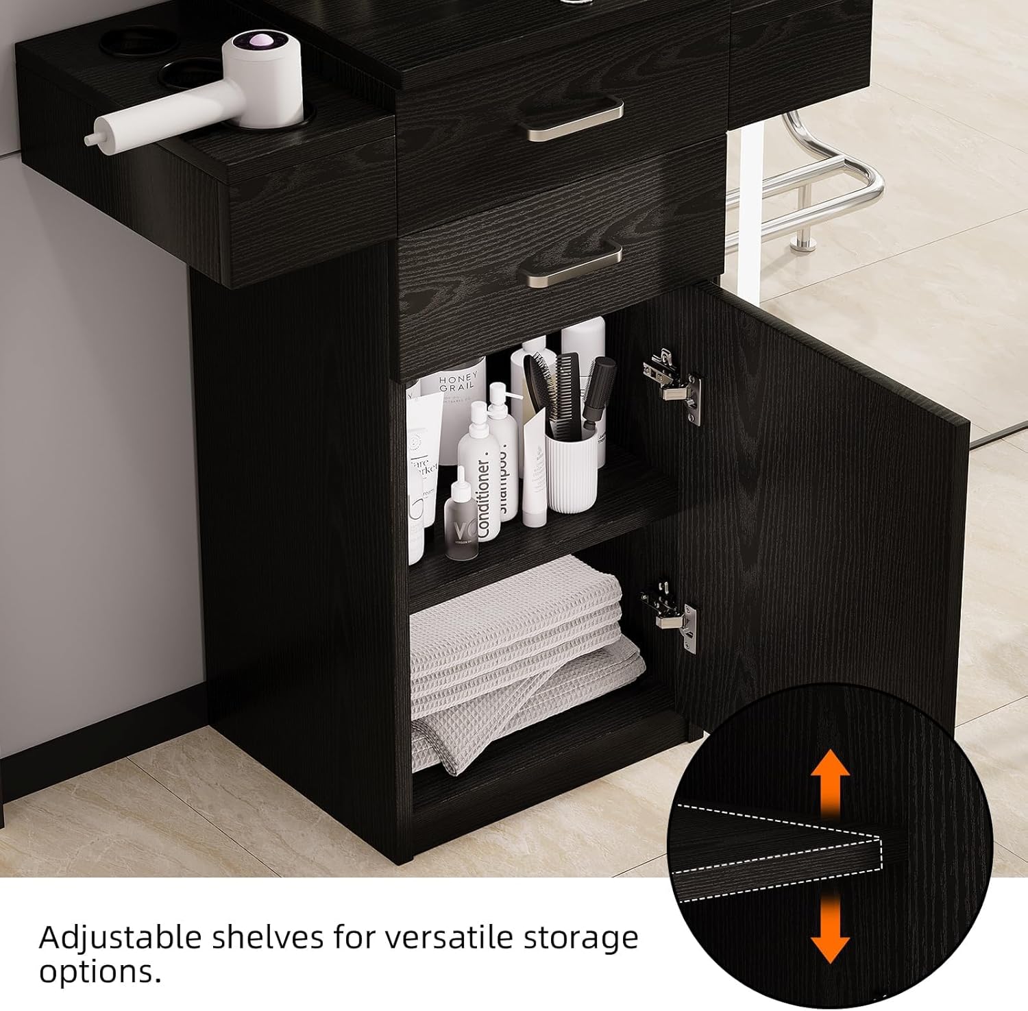 4ever2buy Salon Station for Hair Stylist, Black Barber Station Hair Salon Station, Hair Station Equipment Hair Dryer Holder, Black