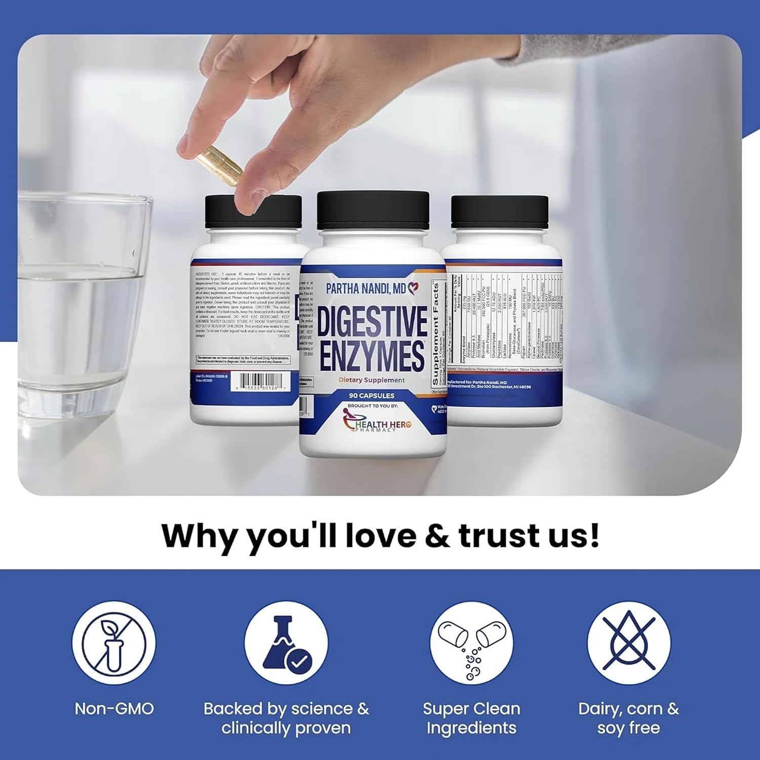 Digestive Enzymes Supplement – Designed to support Gas, Bloating & Nutrient Absorption – Full Spectrum Protease, Amylase, Lipase, Cellulase, Lactase – Vegan, Non-GMO, Gluten-Free – 90 Capsules