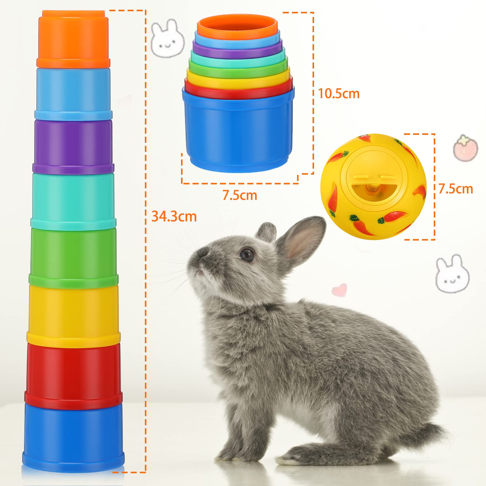 LEIFIDE Paquete de 9 vasos apilables de conejo y bola de golosinas para juguetes de conejo, dispensador de alimentos para conejos, tazas apilables para conejos, bolas de aperitivos, juguetes de