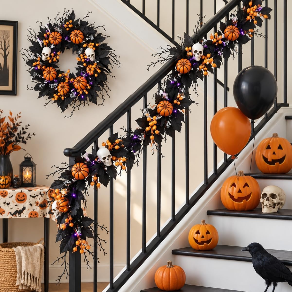 20" Halloween Wreath for Front Door, Black Gothic Spooky Outdoor Décor
