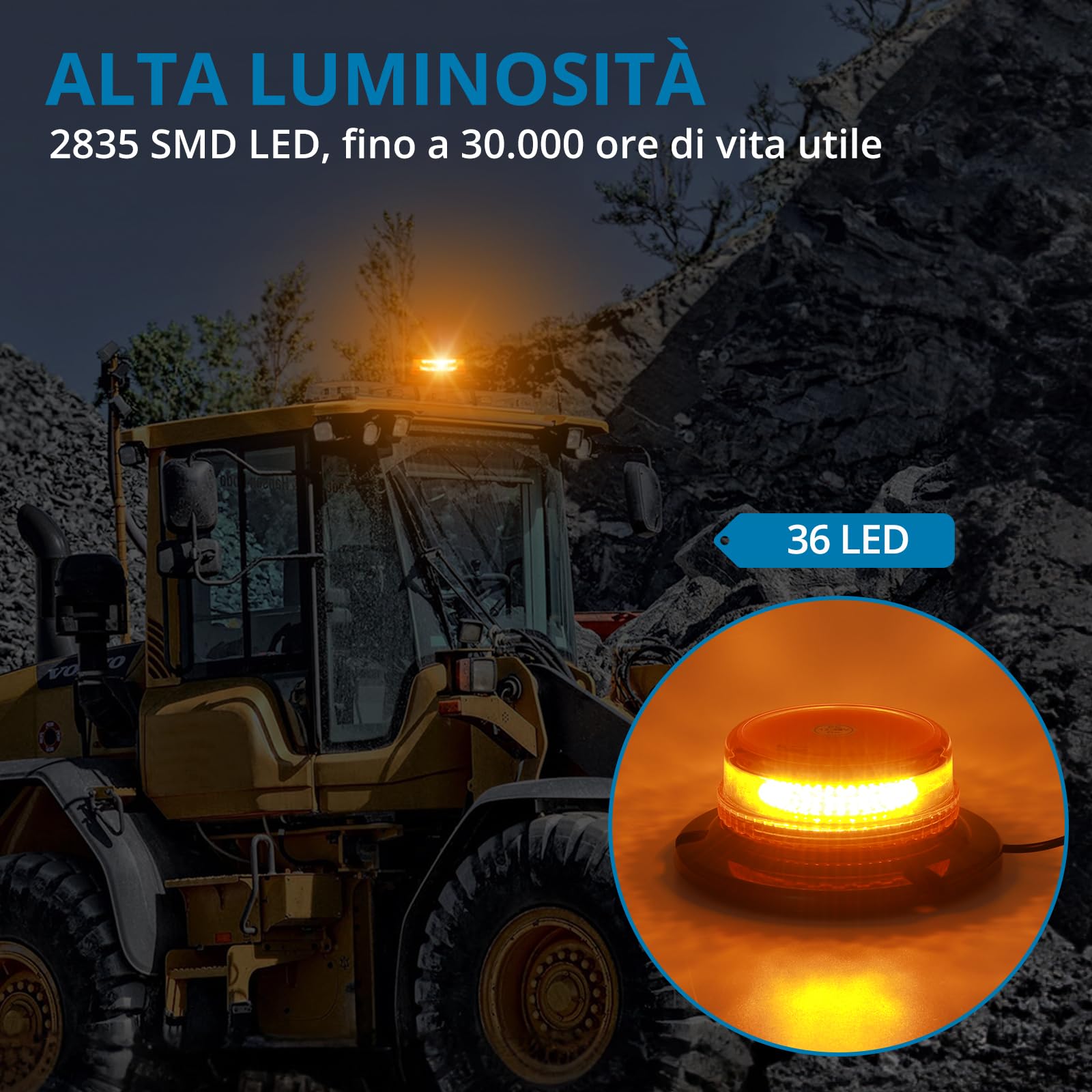 AUTOUTLET 36 LED 18W Luce Stroboscopica,Faro Rotante con con Base Magnetica e Cavo di 5 Metri,9 Modalità Lampeggianti,per Trattore Camion Auto(Arancione)
