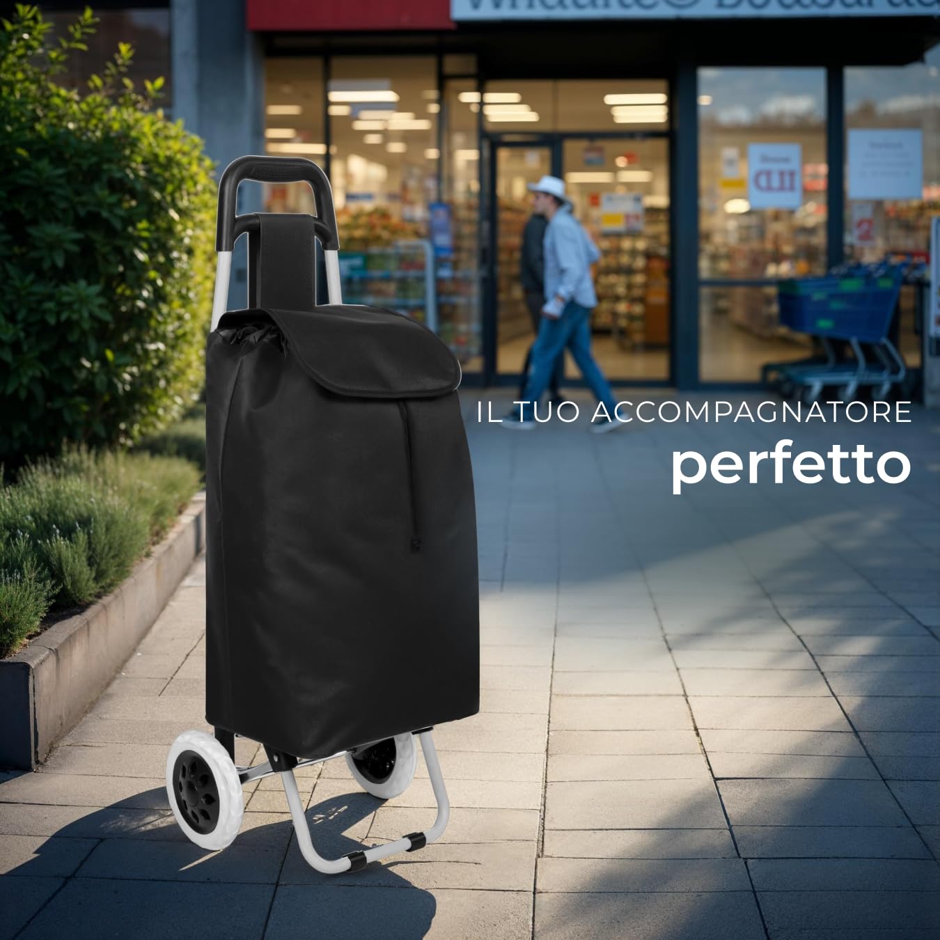 tectake® Trolley per la Spesa, 2 Ruote, Pieghevole, con Sacca Asportabile, Grandi Ruote, Chiusura con Cerniera, Tasca Piccola, Disponibile in Diversi Colori - Nero
