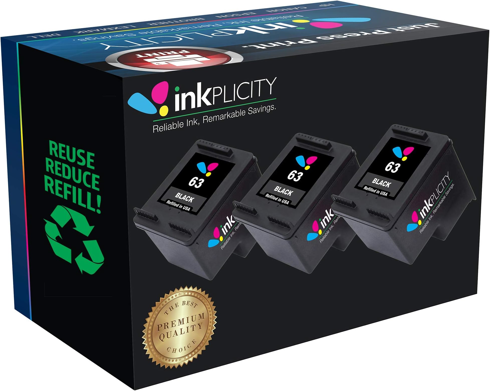 Inkplicity Refilled Ink Cartridge Replacement for HP 63 (Black, 3-Pack)