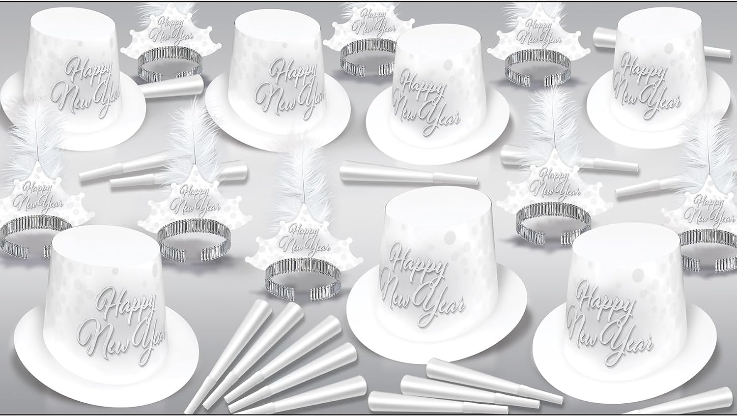 Beistle Whiteout New Year Assortment for 50 people - New Year's Eve Kit with 25 Hi-Hats, 25 Plumed Tiaras and 50 Foil 9” Horns- Elegant Midnight Celebration Accessories for NYE Ball Drop Parties
