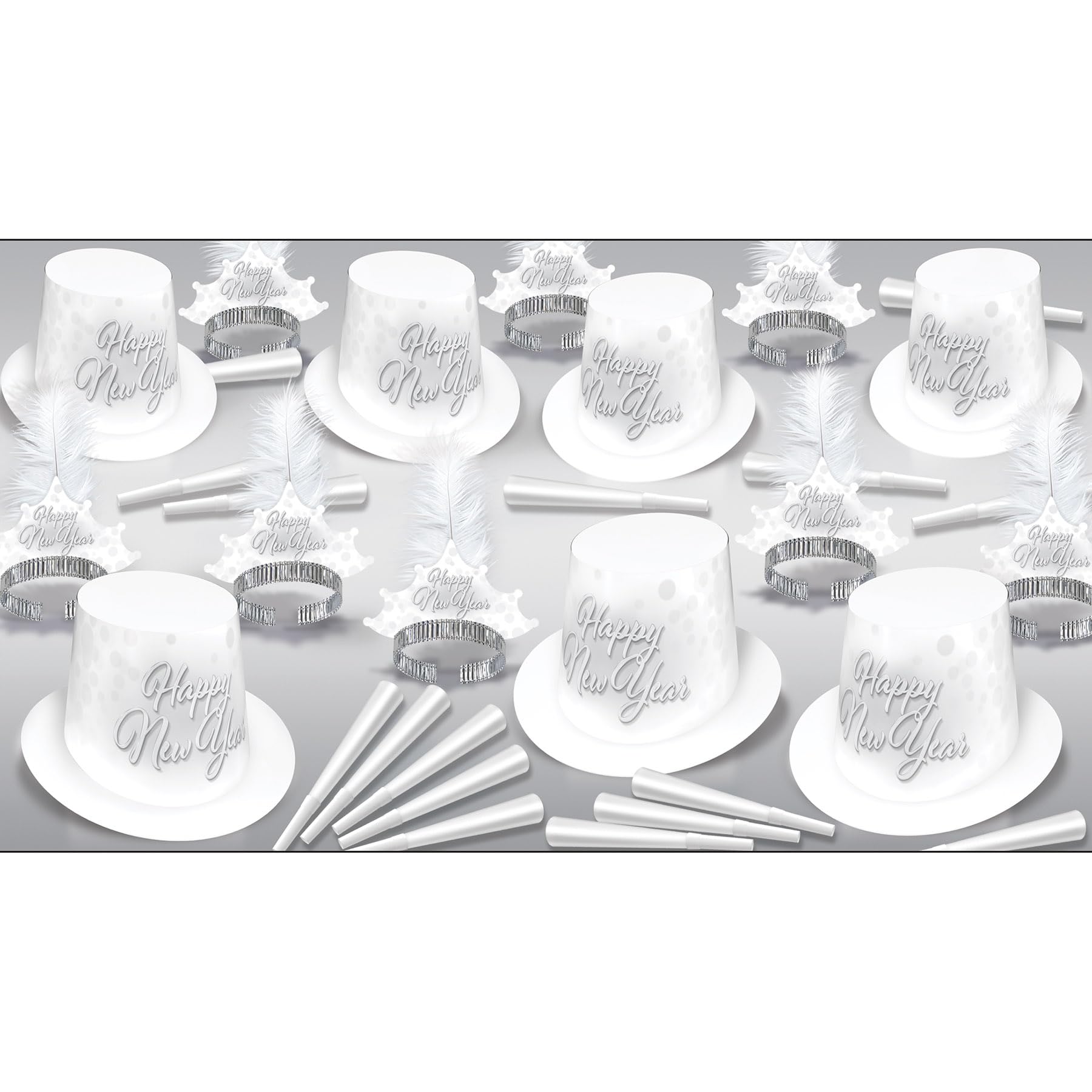 Beistle Whiteout Neujahrssortiment für 50 Personen - Silvester-Kit mit 25 Hi-Hats, 25 gefiederten Diademen und 50 Folienhörnern 22,9 cm - Elegantes Mitternachtsfeier-Zubehör für NYE Ball Drop Partys