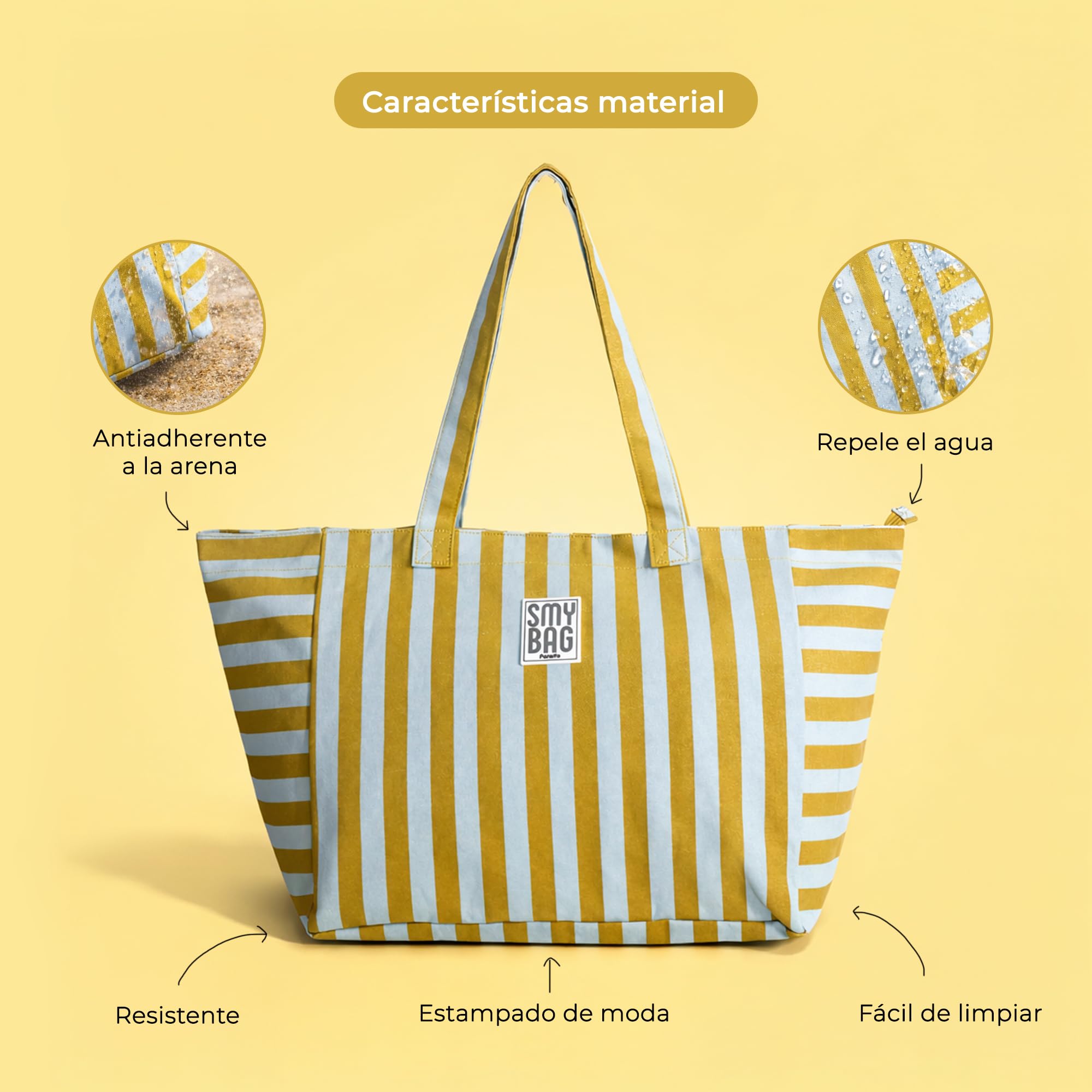 Bolsa de Playa Mujer Menorca Grande - Bolso Playa a Rayas con Cremallera - Shopper Verano Amplio y Resistente - 64x35x23,5 cm