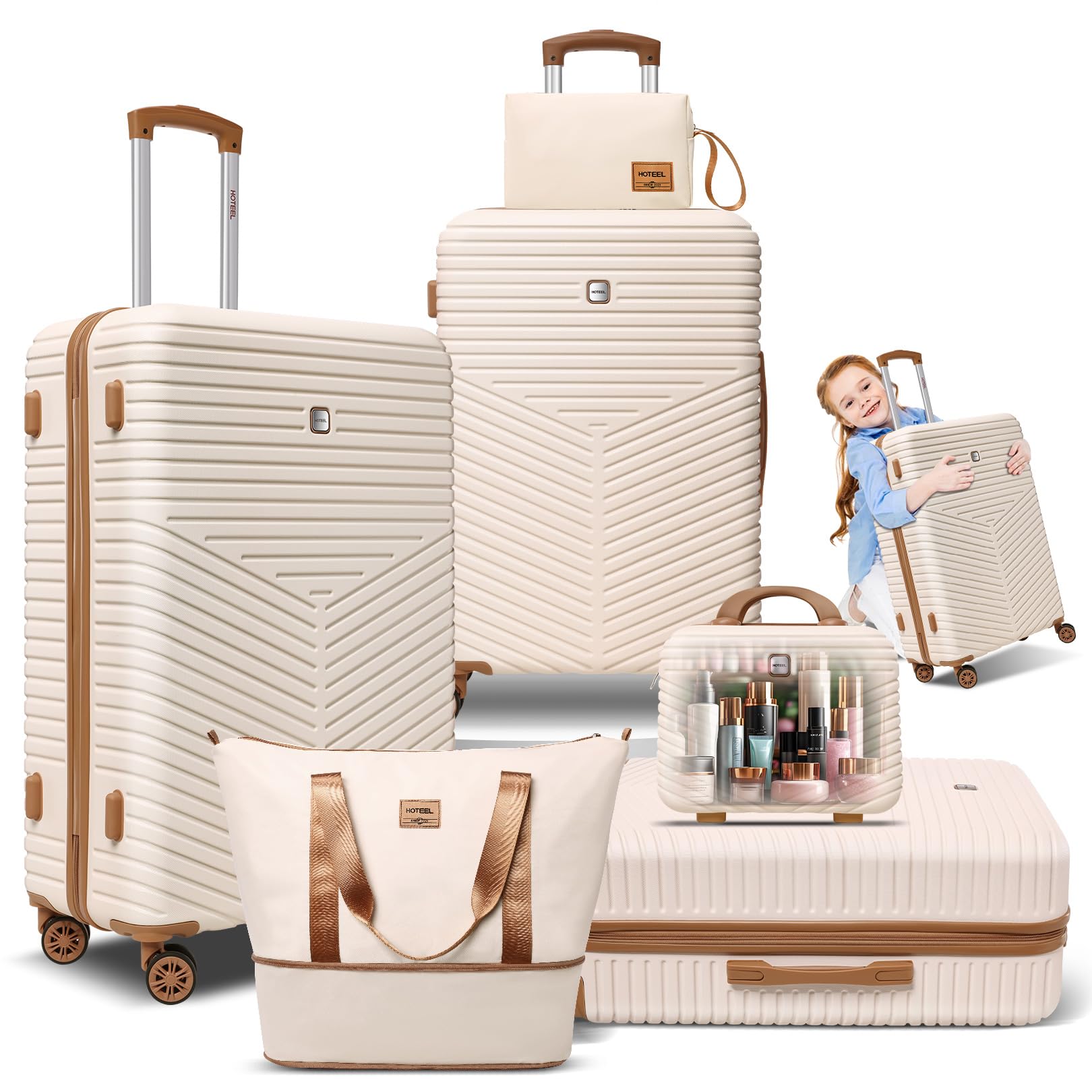 Hoteel 6 Piece Luggage Set (4-YEAR WARRANTY) Carry on ABS+PC Hard Shell Suitcase with Spinner Wheels & TSA Lock (Beige)