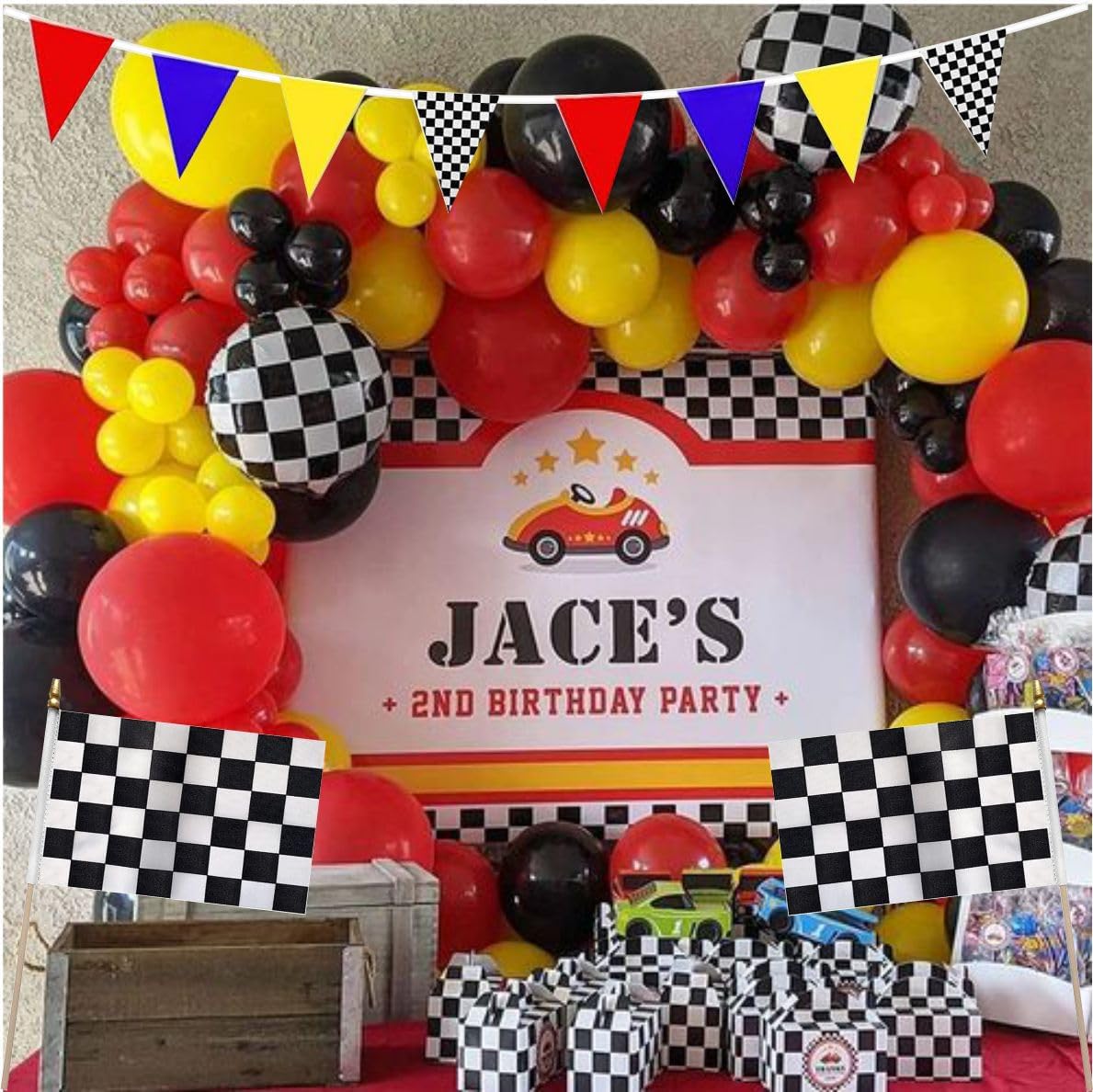 2 Pack Race Car Checkered Red Blue Yellow Pennant Banner Triangle Flag Bunting Garland for Grand Opening Wedding Kids Birthday Baby Shower Outdoor Garden Hanging Decorations 66 Feet 64 pcs