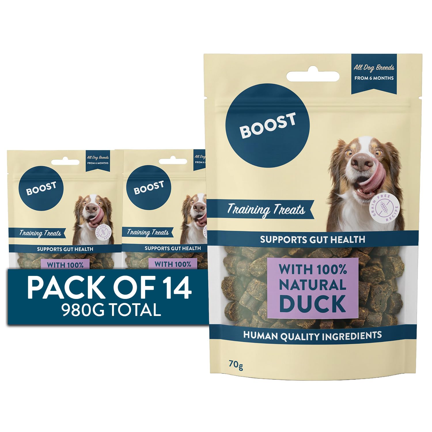 BOOST Dog Meaty Bites - Grain-Free Pet Treats, Duck, 14 x 70g