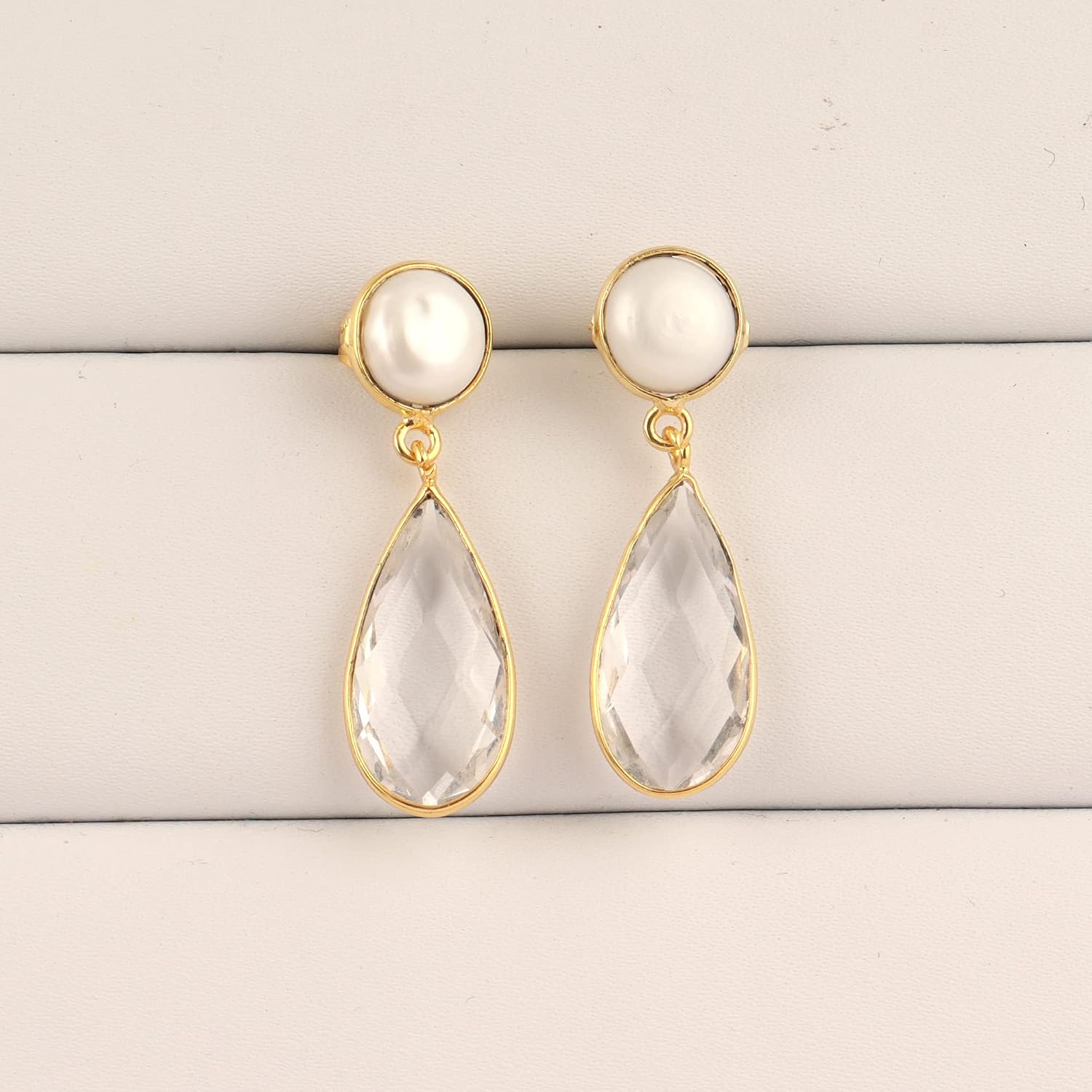 Guntaas Gems Irregular Wedding Earrings Keshi Pear & Clear Quartz Brass Gold Electroplated Fashion Accessories Drop Dangle Earring