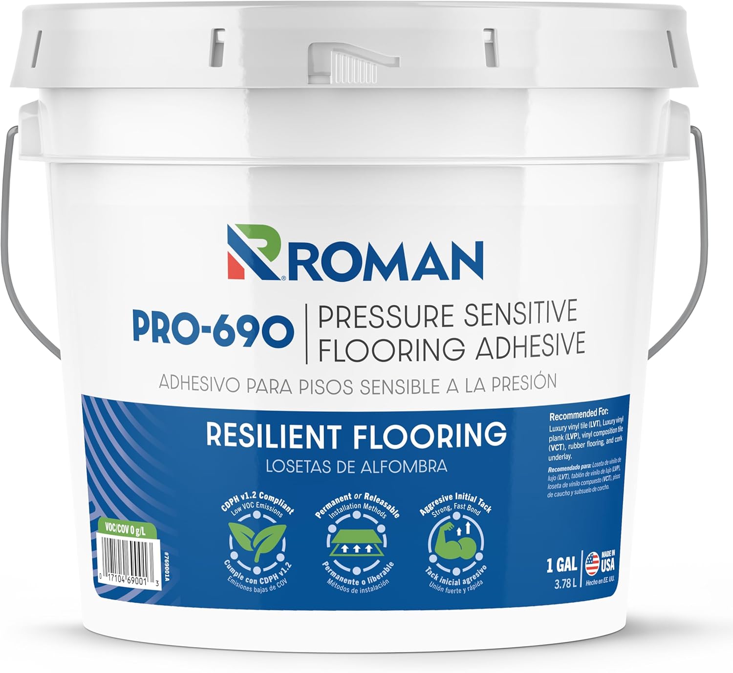 ROMAN PRO-690 Pressure Sensitive Flooring Adhesive – Zero VOC, Releasable or Permanent Install, for LVT, LVP & VCT – 1 Gallon (3.78 L)