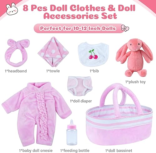 Miniatura 4 de JIZHI 8 piezas de ropa de muñeca de bebé con moisés para muñecas de bebé de 10 a 12 pulgadas, ropa de muñeca de bebé, accesorios para muñecas recién
