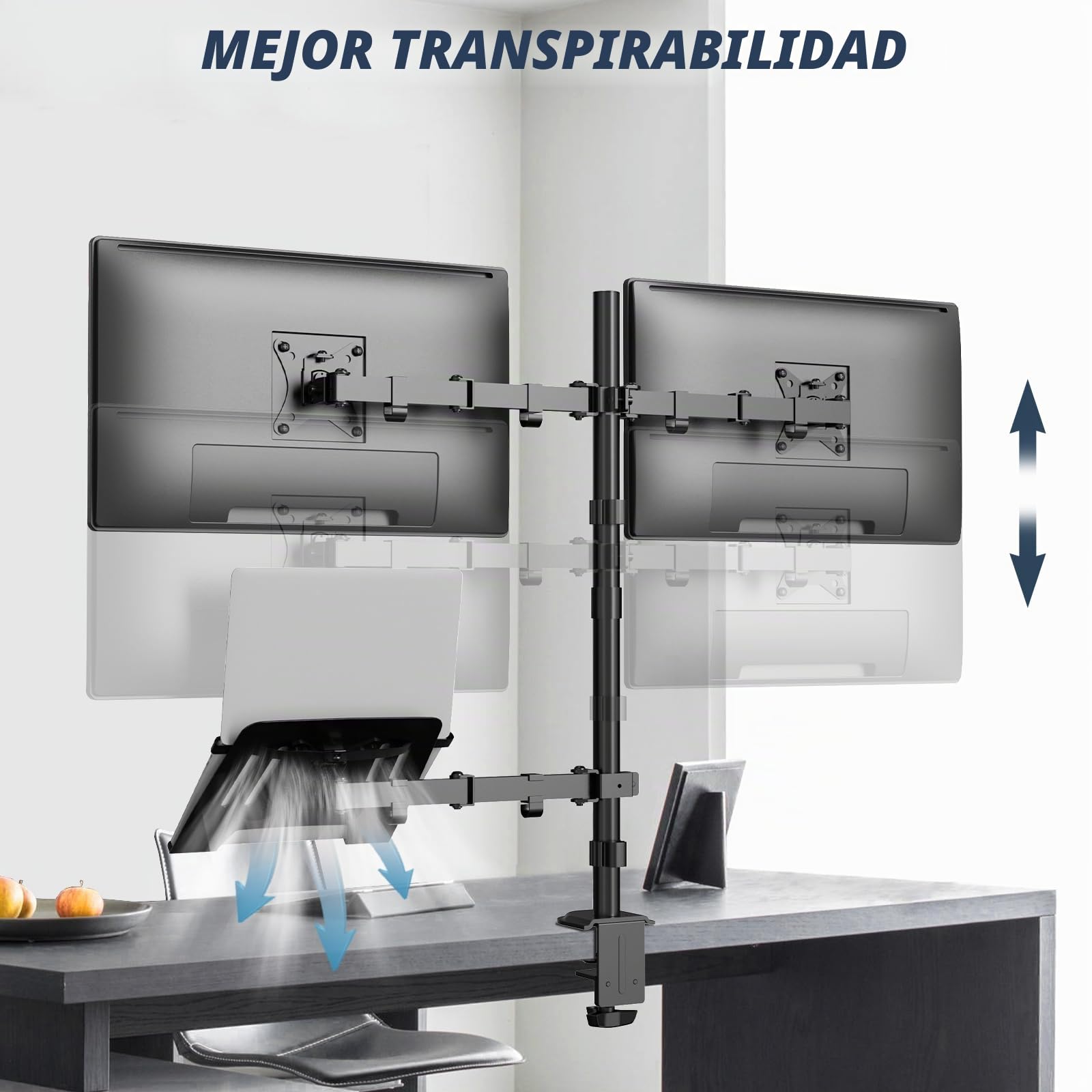 WORLDLIFT Soporte doble para monitor y soporte para laptop para dos monitores de 17 a 32 pulgadas y laptop de 10 a 15 pulgadas, soporte ajustable extra alto, capacidad de peso de 19.8 libras por brazo