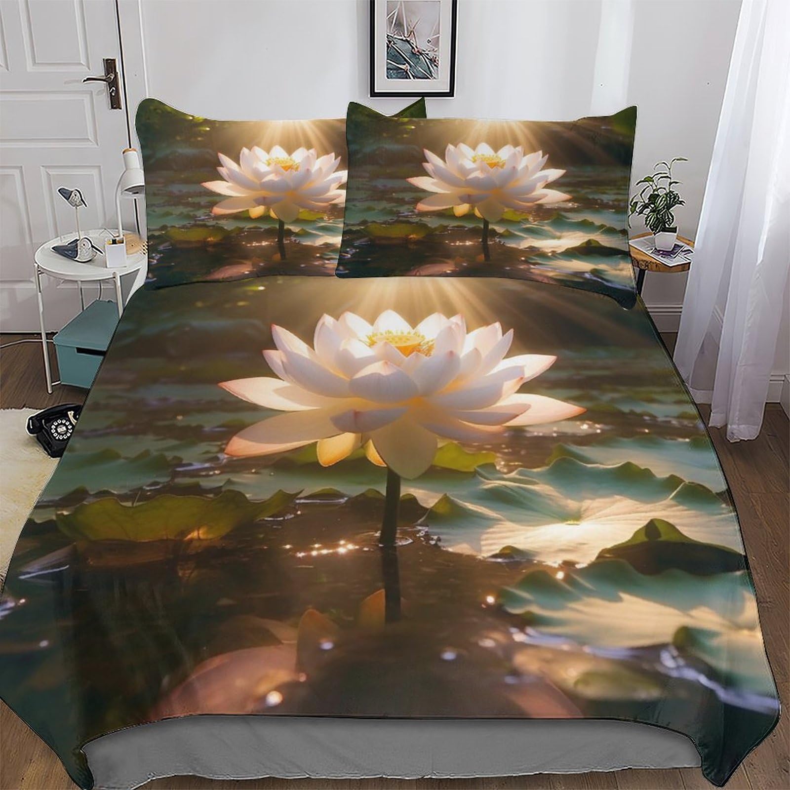 Housse de couette 200x200cm imprimée Lotus avec 2 taies d'oreillers en microfibre