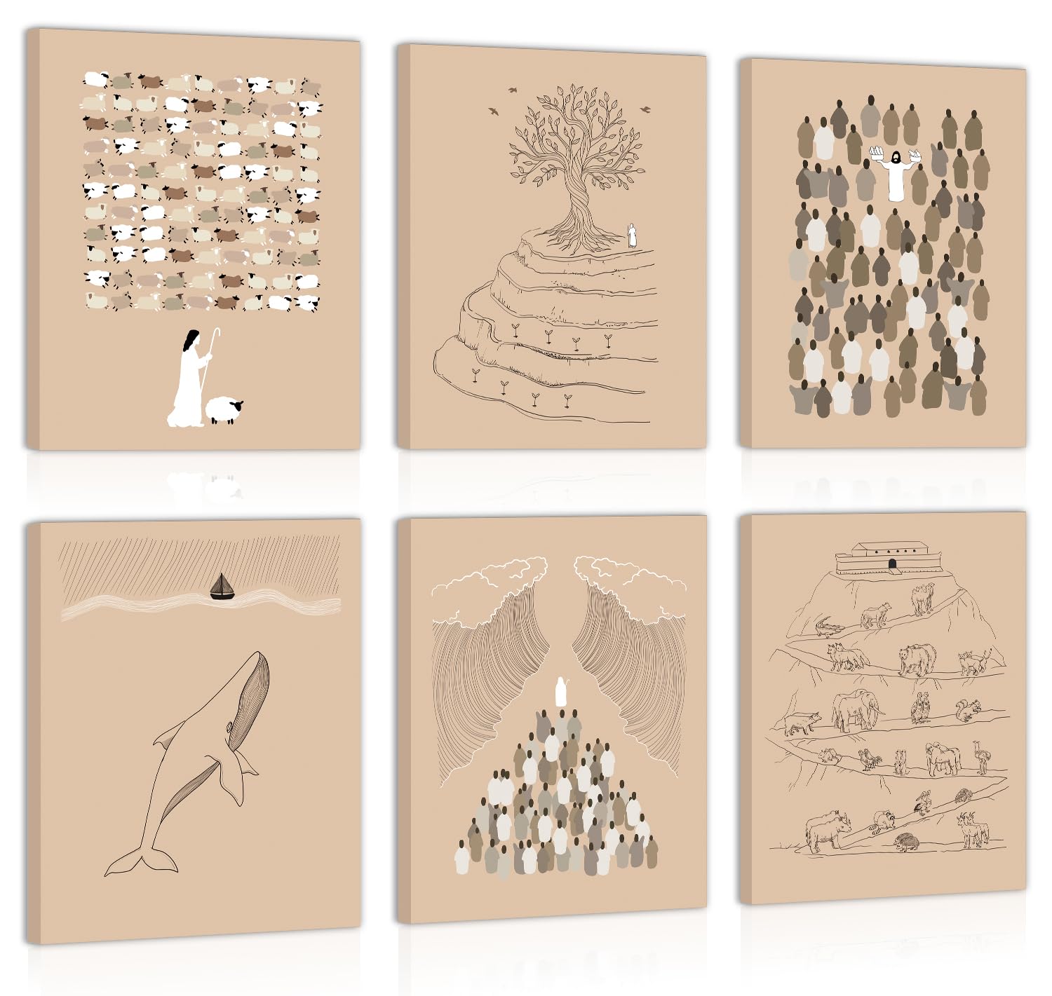 HOURIA Framed Christian Canvas Wall Art,6PCS 8X10inches Boho Biblical Scripture Wall Art,Bible Stories Sketches Artwork,Jesus Religious Wall art For