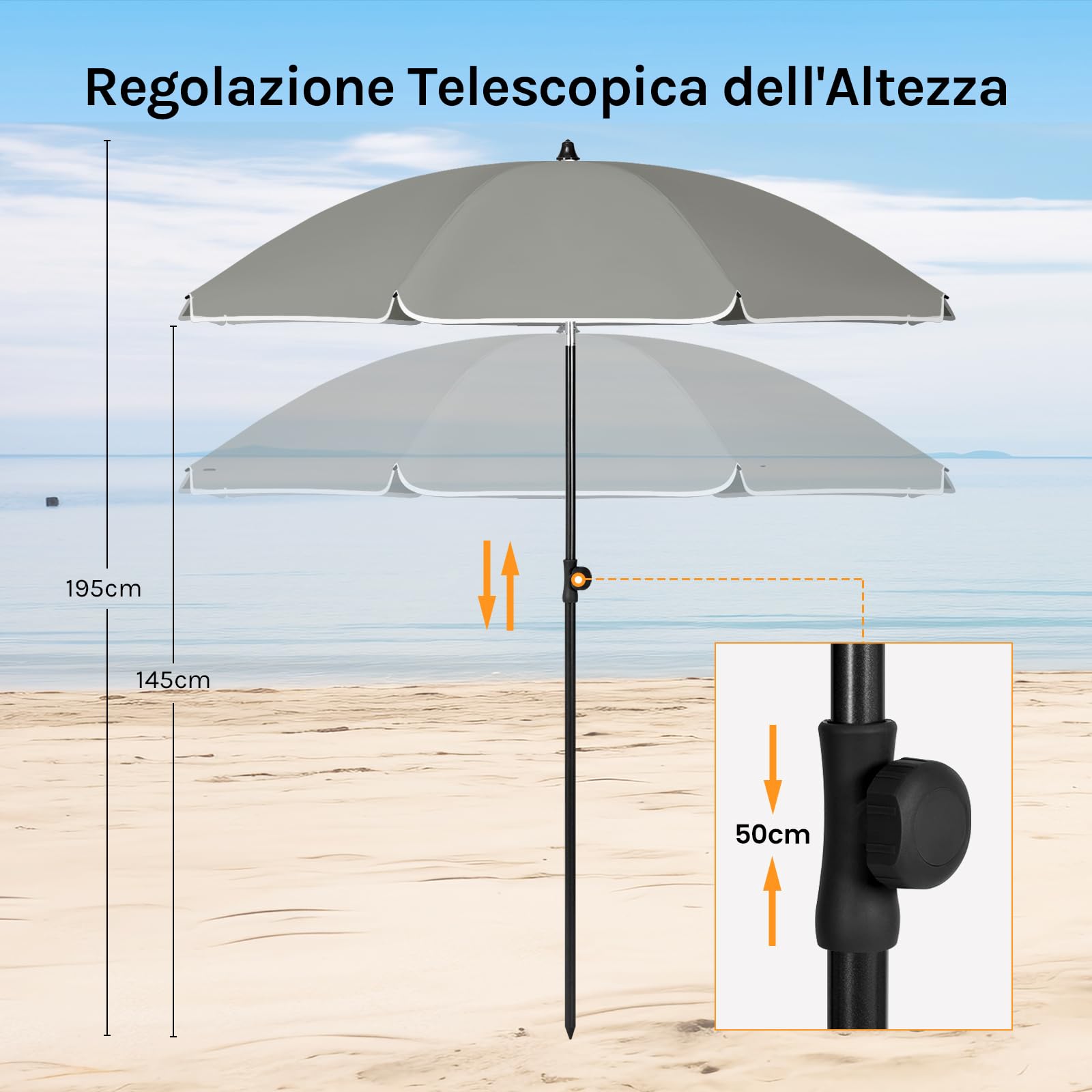 WOLTU Ombrellone da Spiaggia/Giardino con Funzione di Inclinazione e Altezza Regolabile, Tessuto Resistente ai Raggi UV da 180 gsm, Rotondo da 1,55 m Grigio scuro