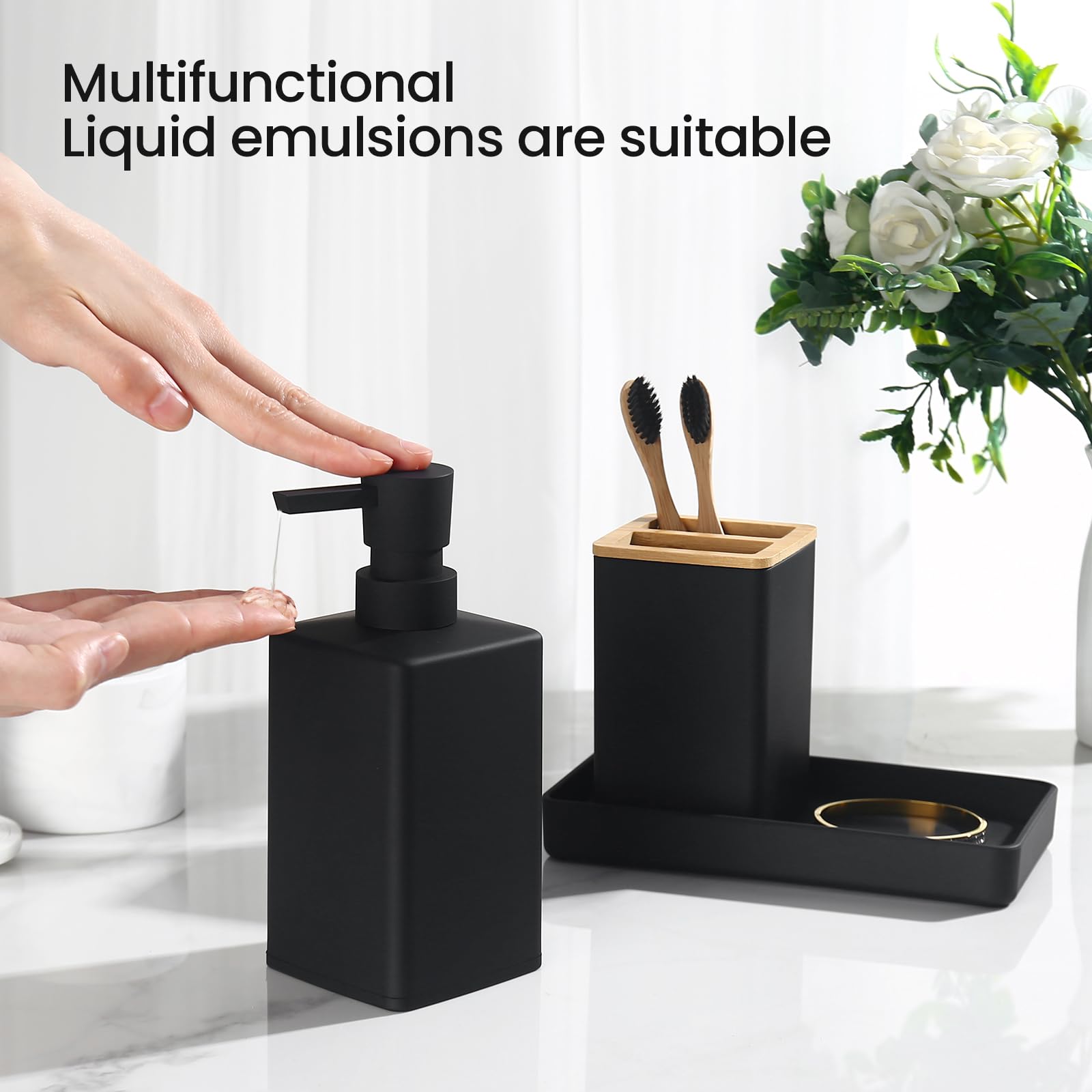 Set Bagno Accessori Completo Nero, Accessori Bagno Bamboo 5 pezzi - Pattumiera Bagno con Gambe, Dispenser Sapone e Porta Spazzolini, Scopino e Porta, Vassoio da Vanity (Nero)