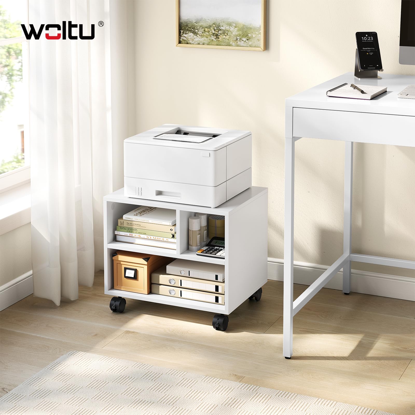 WOLTU Mesa para Impresora con Ruedas, Soporte de Impresora, Estanteria Movil para Oficina, con 3 Compartimentos, Carro Movil, 40x30x35 cm, Blanco, ASK06ws