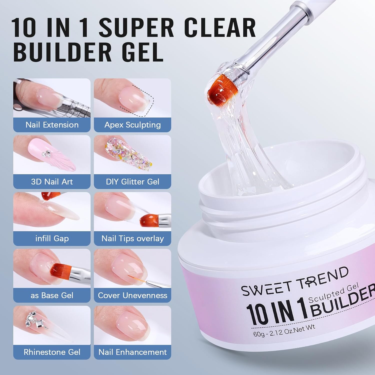 Clear Builder Gel for Nail: Sweet Trend 60g 10 in 1 Hard Gel Strengthen Kit