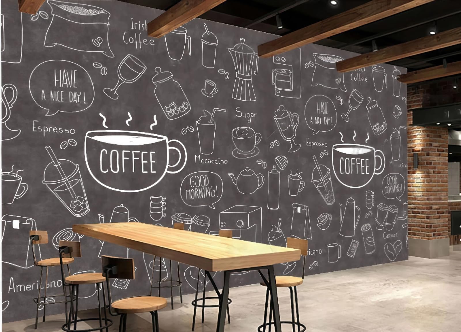 XDOUBAO Wallpaper Hand-Painted Blackboard Chalk Painting Coffee Theme Dessert Bakery Afternoon Tea Western Restaurant Background Wall Wallpaper Coffee Shop Mural,3D,150x105cm