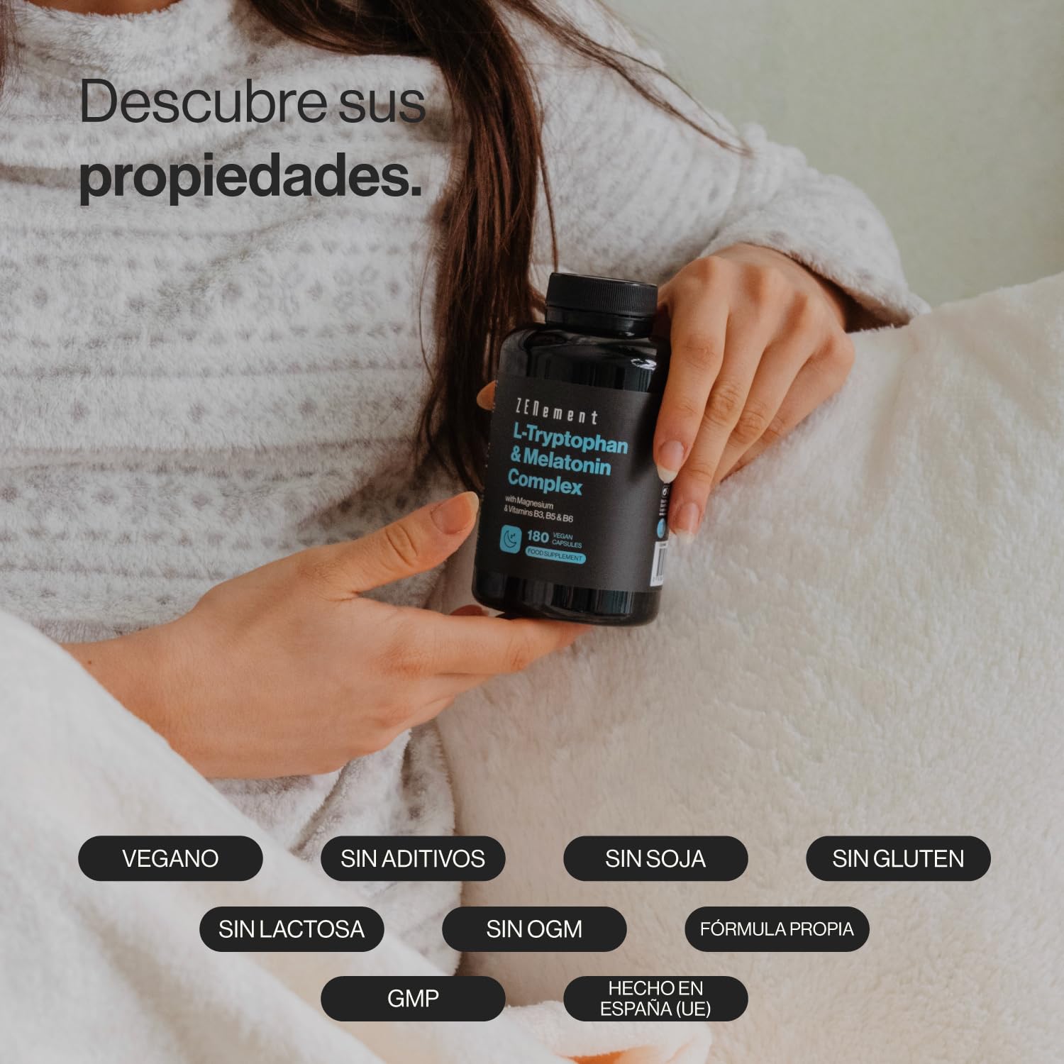 L-Triptófano con Melatonina, Magnesio y Vitaminas B3, B5 y B6, 180 Cápsulas Veganas (Suministro para 6 meses) | Induce al Sueño, Para Dormir Bien | Altas dosis | Zenement