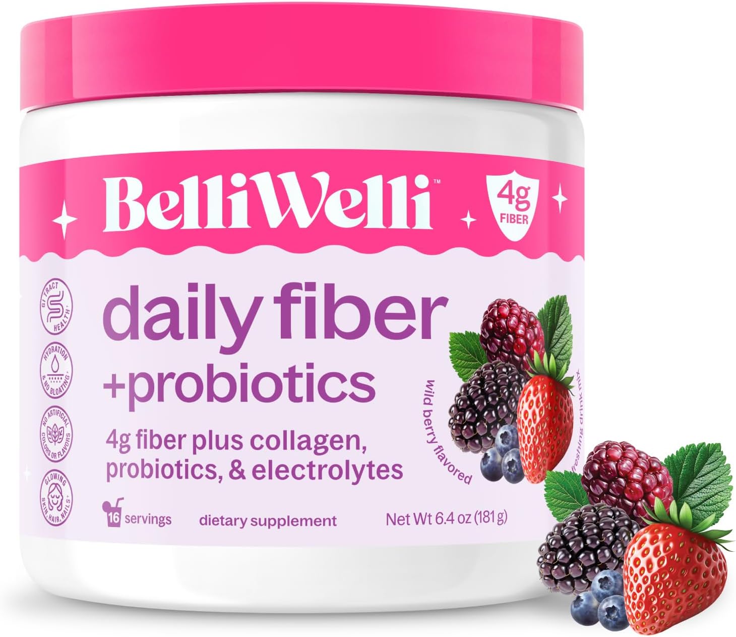 Fiber Supplement for Women & Men – Premium Daily Fiber Powder from Organic Acacia with Added Collagen, Electrolytes & Probiotics – No Bloat, Constipation & Gut Health Support (Wild Berry)