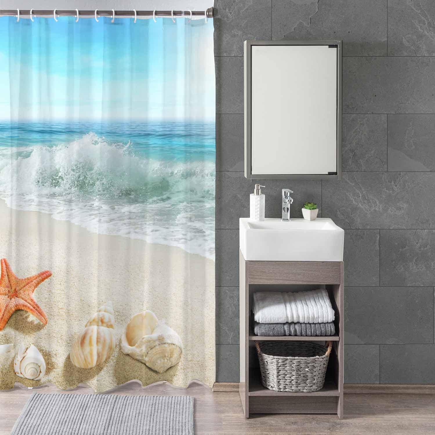 Woutay Shower Curtain Mould Proof Resistant Splashing Waves on The Beach,Water Repellant Fabric,Polyester,with 12 Plastic Hooks - Image 3