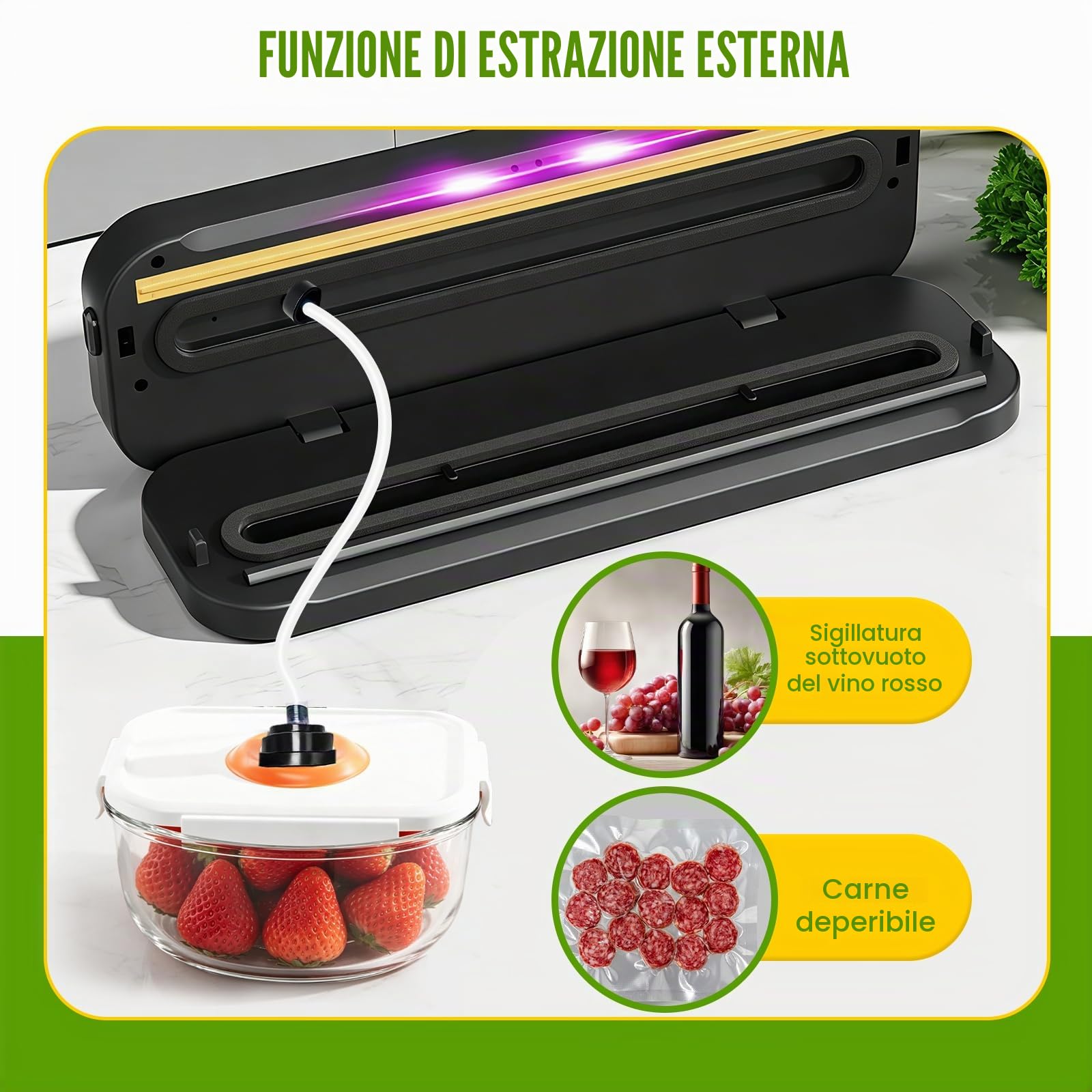 RoserRose Macchina Sottovuoto Alimenti 6 in 1, 75 KPA, 120W con Doppia Sigillatura a Caldo, Modalità Asciutto/Umido, Acciaio Inox 304, con 50 Sacchetti Sottovuoto e 1 Tubo Sottovuoto