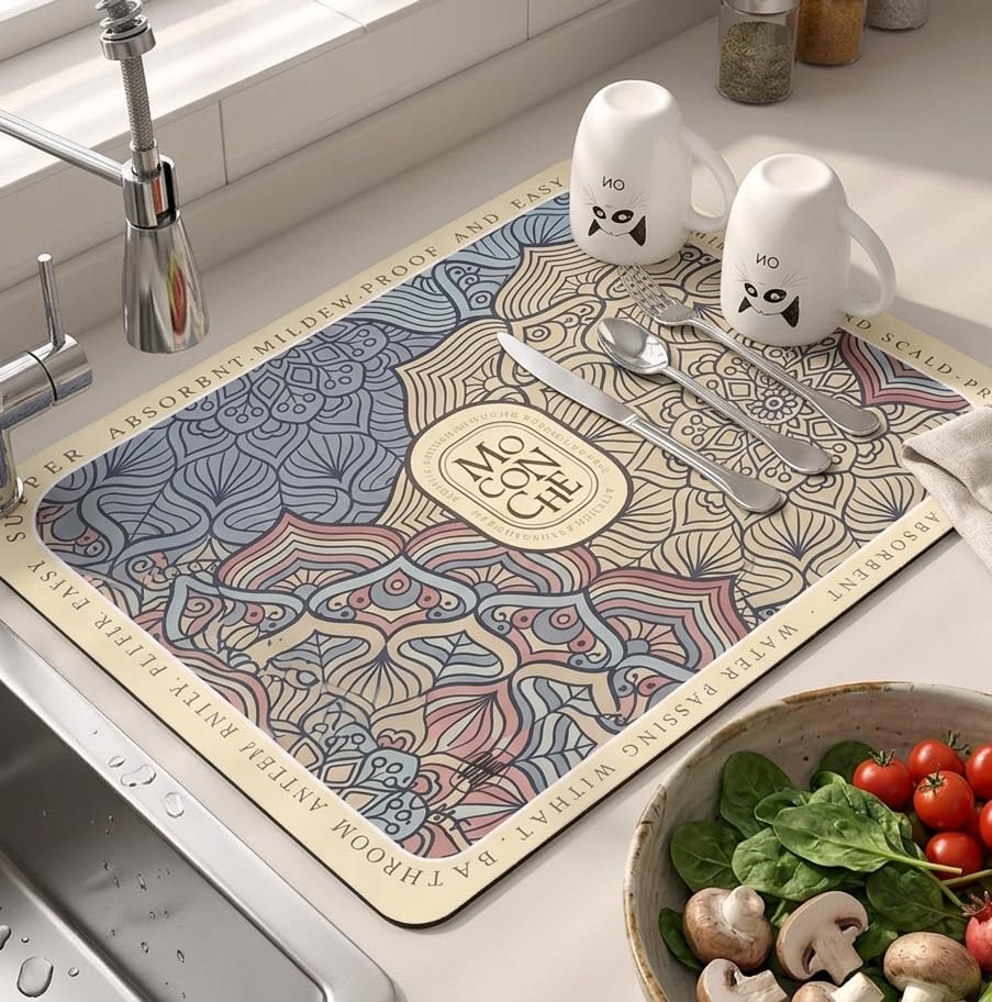 Image of HomeCloud Dish Drying Mat for Kitchen Counter - Super Absorbent, Non-Slip & Heat-Resistant - Quick Dry Rack Pad for Dishes, Utensils, Coffee Maker - Stain-Hiding Design (Blue Yellow Multi)