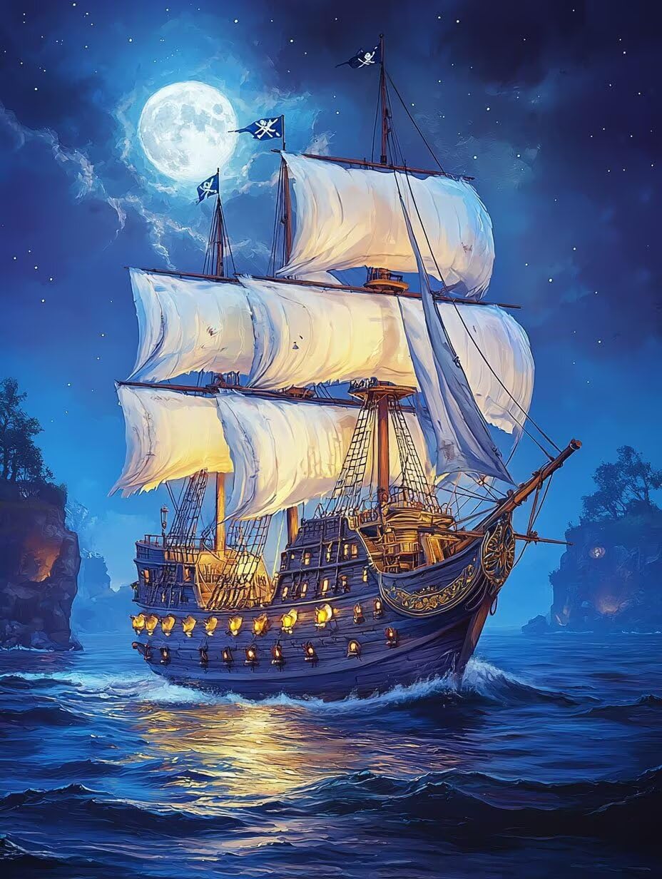 Kit de peinture par numéros - Voilier au clair de lune - 70x90cm v-1102