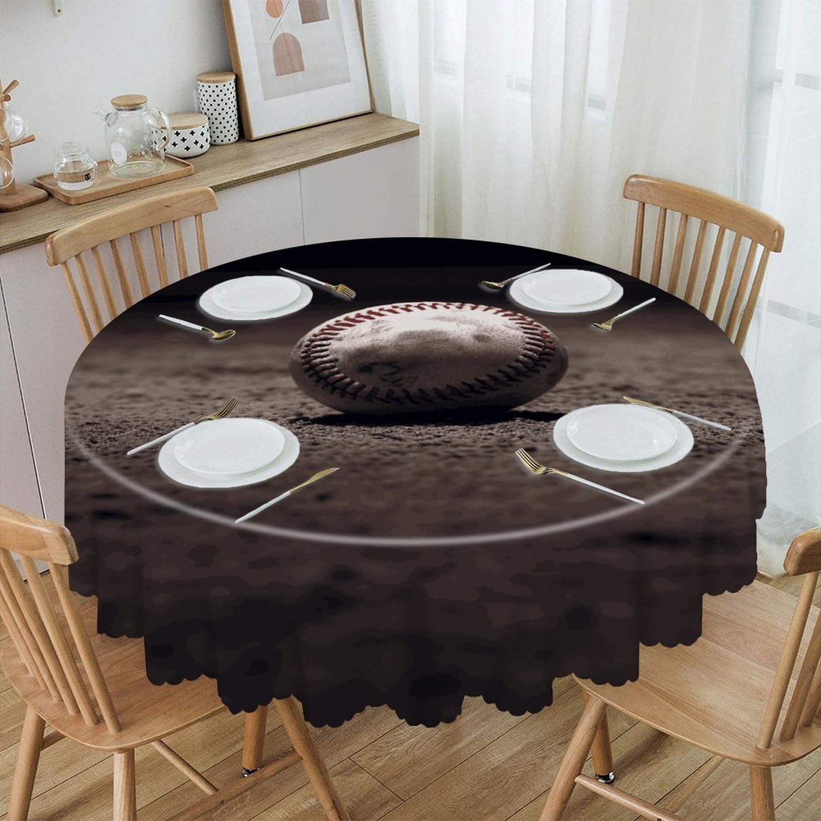 JTREHY - 60 Inch Round Baseball Tablecloth Waterproof Spill Proof Washable Table Cover for Buffet Tables Party Dinner