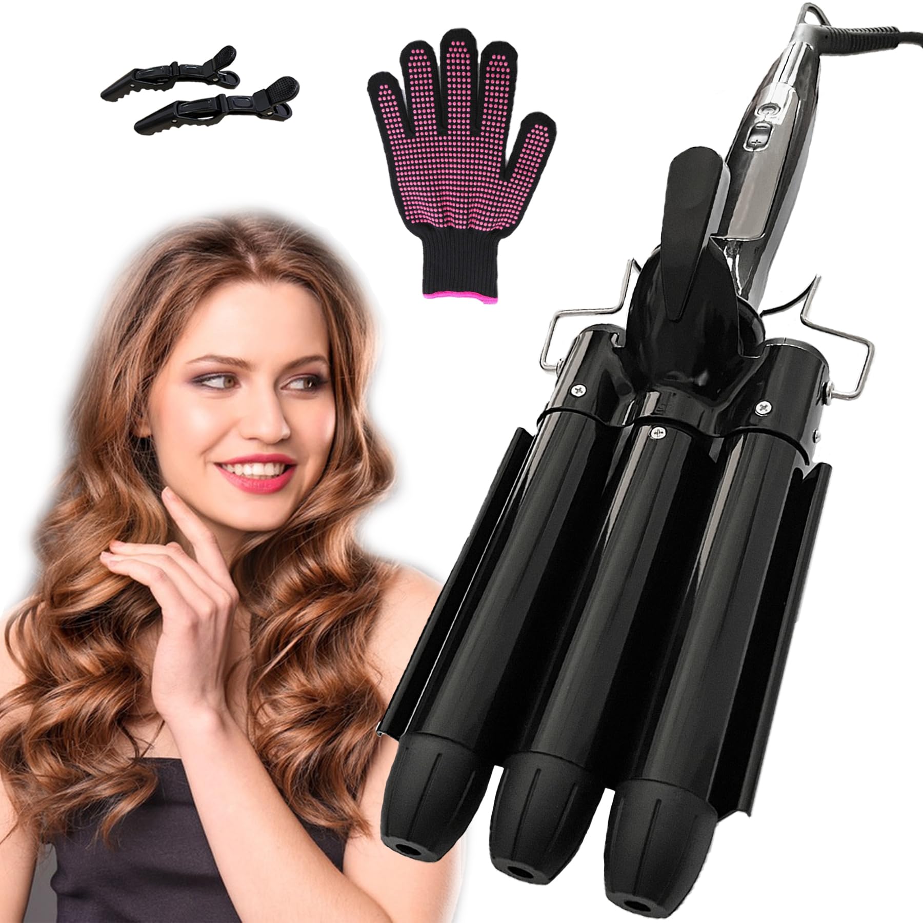 Rizador de Pelo de 3 Barriles, YEAHTOP Ondulador de Pelo 3 Tubos con 80℃-210℃, Rizador de Pelo Profesional 25mm con Pantalla LCD, Rizador de Pelo Ondas Grandes con Guante, Rizadora para Cabello