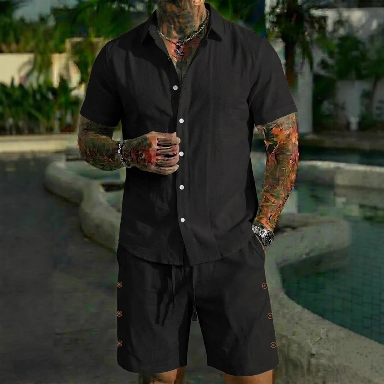 Conjunto de camisa y pantalones cortos de algodón y lino para hombre, conjunto de 2 piezas, ropa casual de verano, vacaciones, playa, boda, trajes de manga corta con botones y pantalones cortos