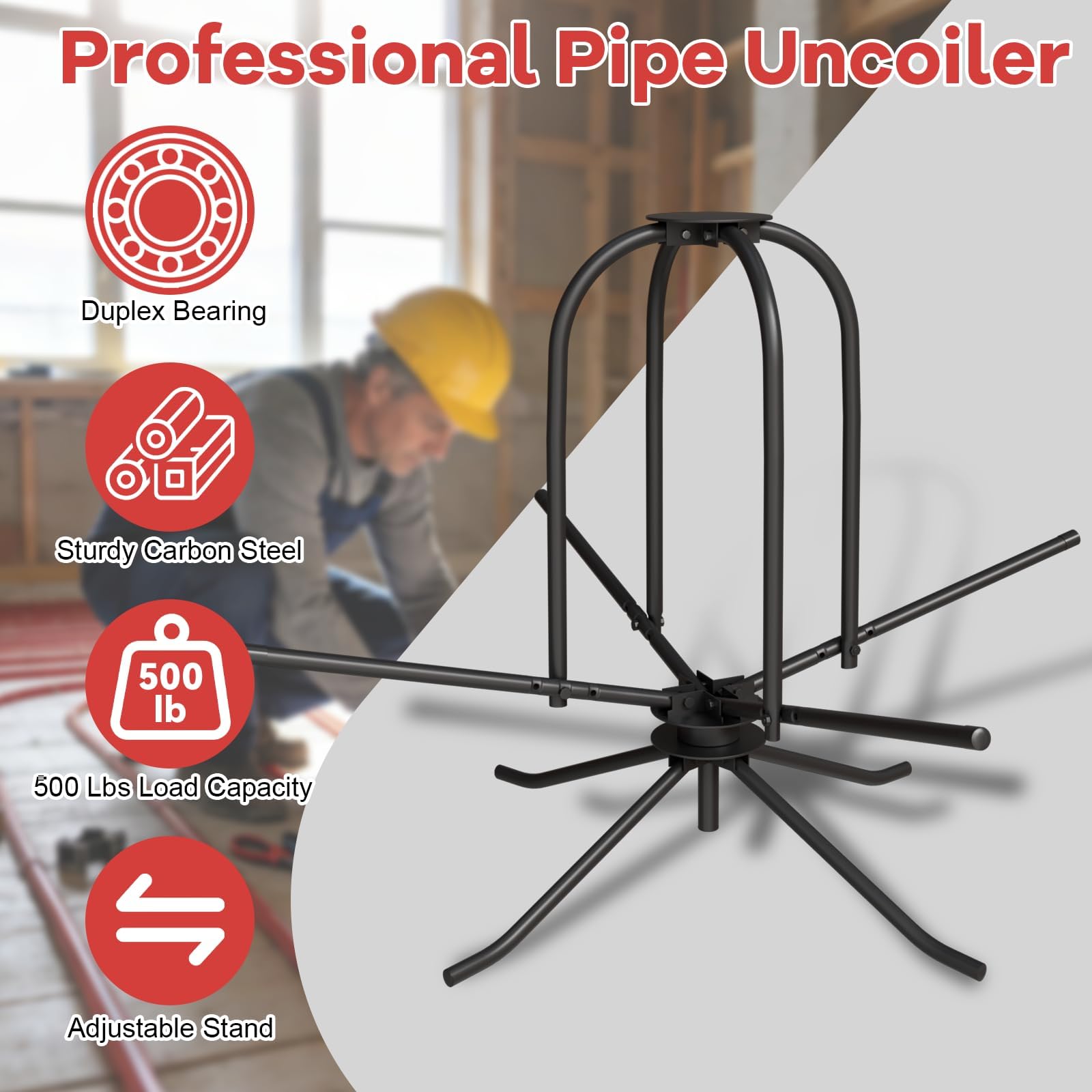 Enrollador de tubos para calefacción por suelo radiante, máx 300 kg, capacidad de carga de 600m,doble almacenado, longitud del rollo para tubos de 16 – 32 mm