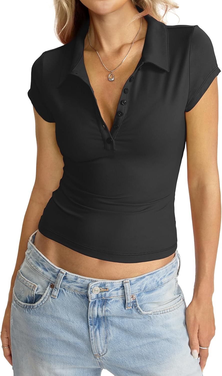 Womens Polo Shirts Deep V Neck Cap Sleeve Tops Collared Sexy Summer Tee Button Down Business Casual Clothes 2026 - Image 2