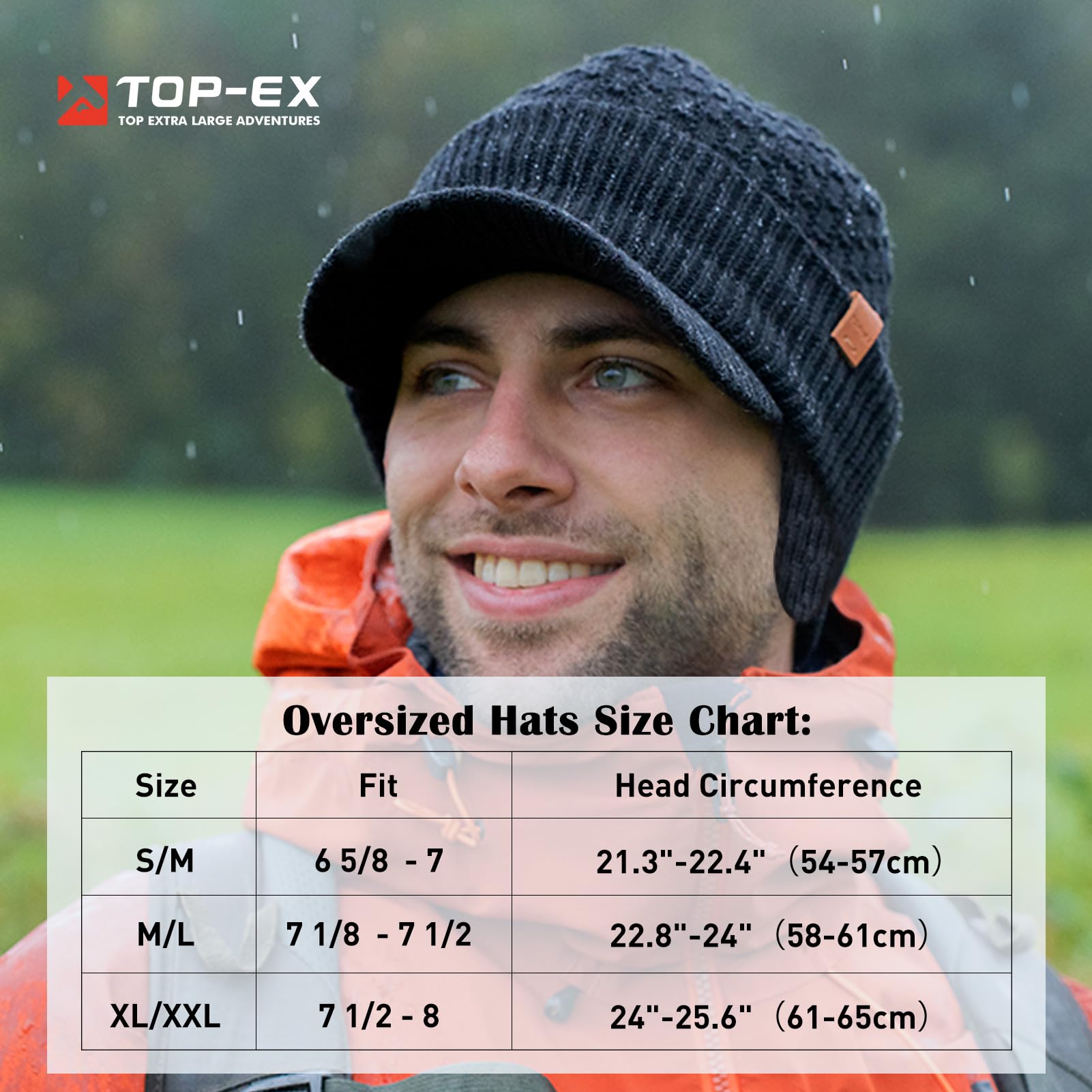 TOP-EX M/L/XL/XXL Unisex 50% Merinowolle Winter Schirmmütze wasserdichte Beanie mit Schirm, Warm Gefütterte Strickmütze für Laufsport, Winddicht