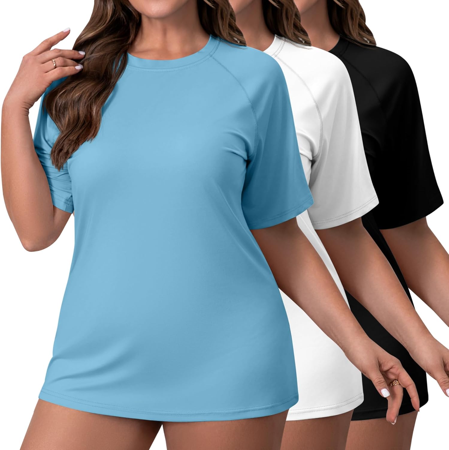 Huukeay 3 Pack Quick Dry Women's Plus Size Rash Guard Swim Shirts Short Sleeves Raglan Swimsuit T-Shirts Activewear Tops