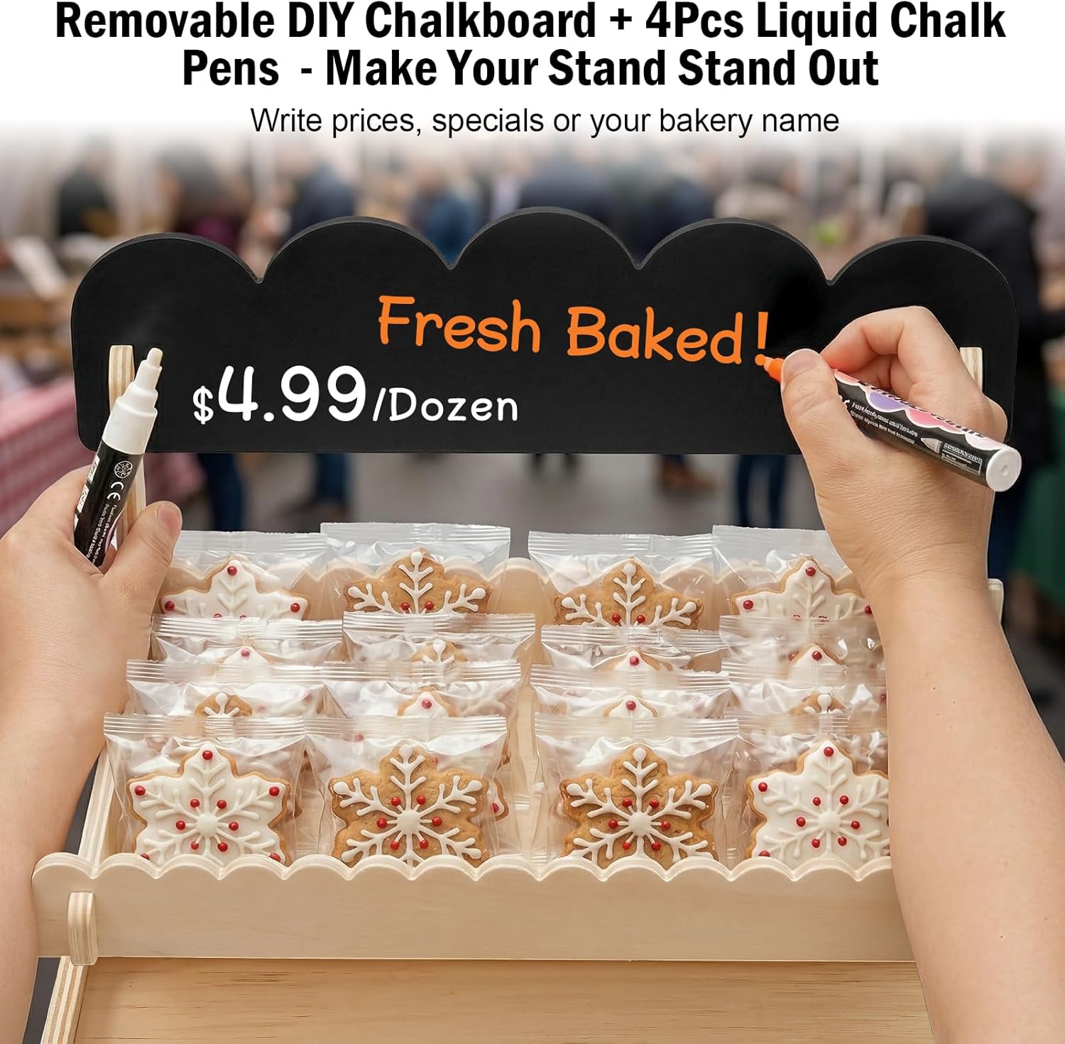 3 Tier Wooden Cookie Display Stand with Removable Chalkboard Sign,4 DIY Liquid Markers,Multi-Use Cookie Stand for Market Booths,Home Bakeries,Parties,Bakers Events–Holds Cookies,Cupcakes,Muffins