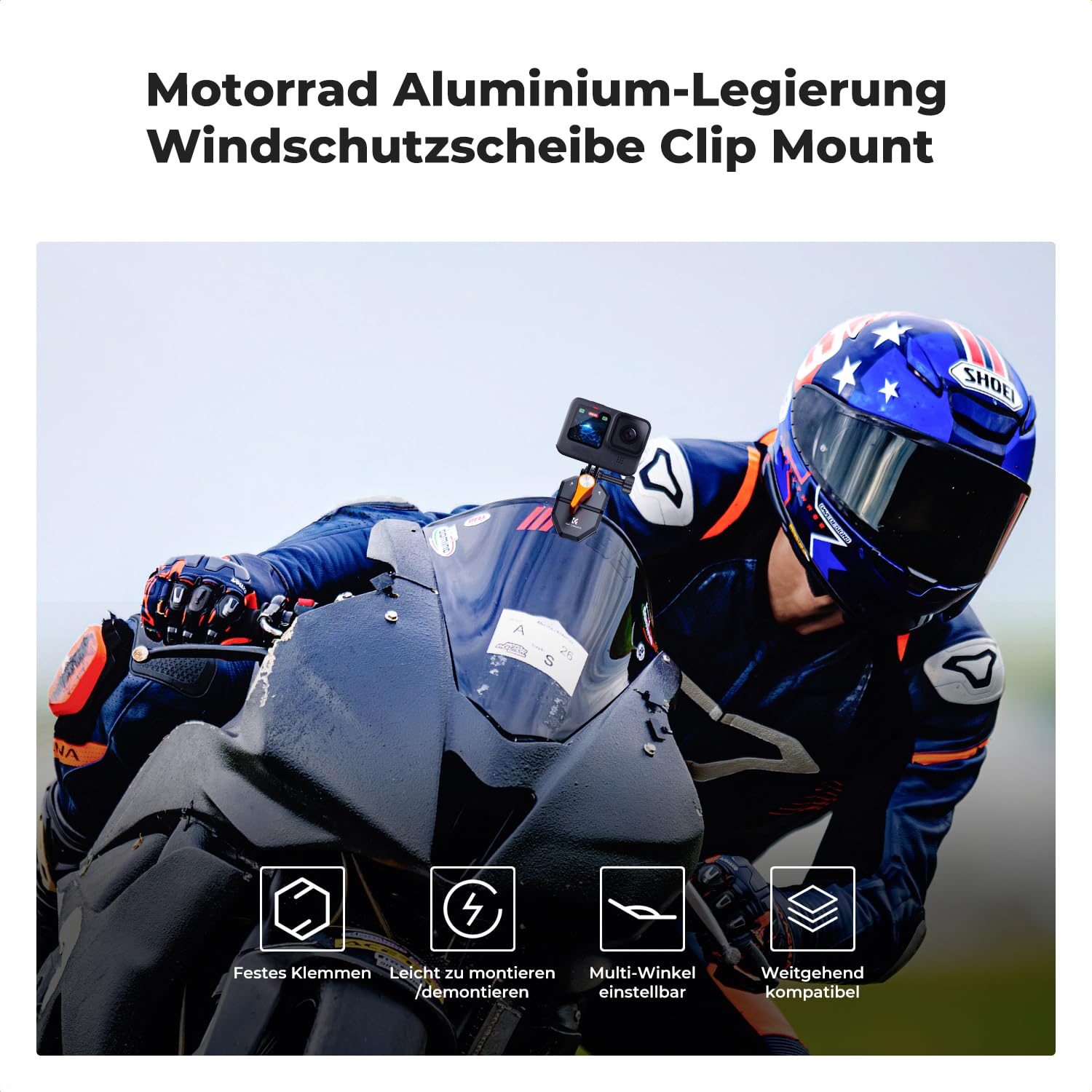 K&F CONCEPT Motorrad Windschutzscheibe Clamp für Go Pro Hero 13/12/11, Aluminiumlegierung Halterung Klemme Clip für DJI Osmo Action 3/4/5 Pro/6, Insta360 X5/X4, DJI Osmo 360 Action Kamera Zubehör
