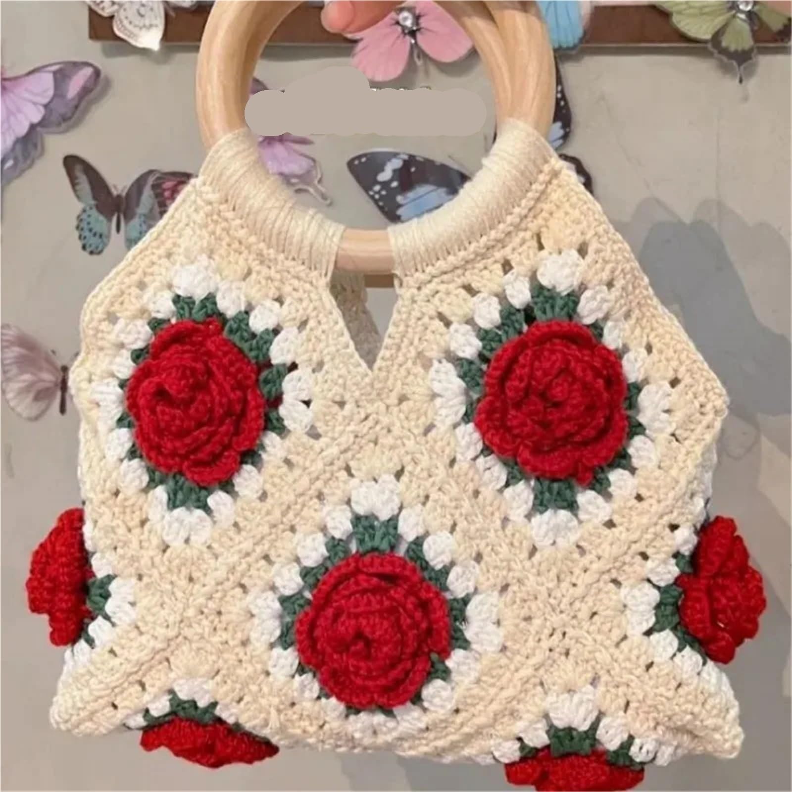 Borsa da spiaggia da polso con fiore di rosa all'uncinetto for donna