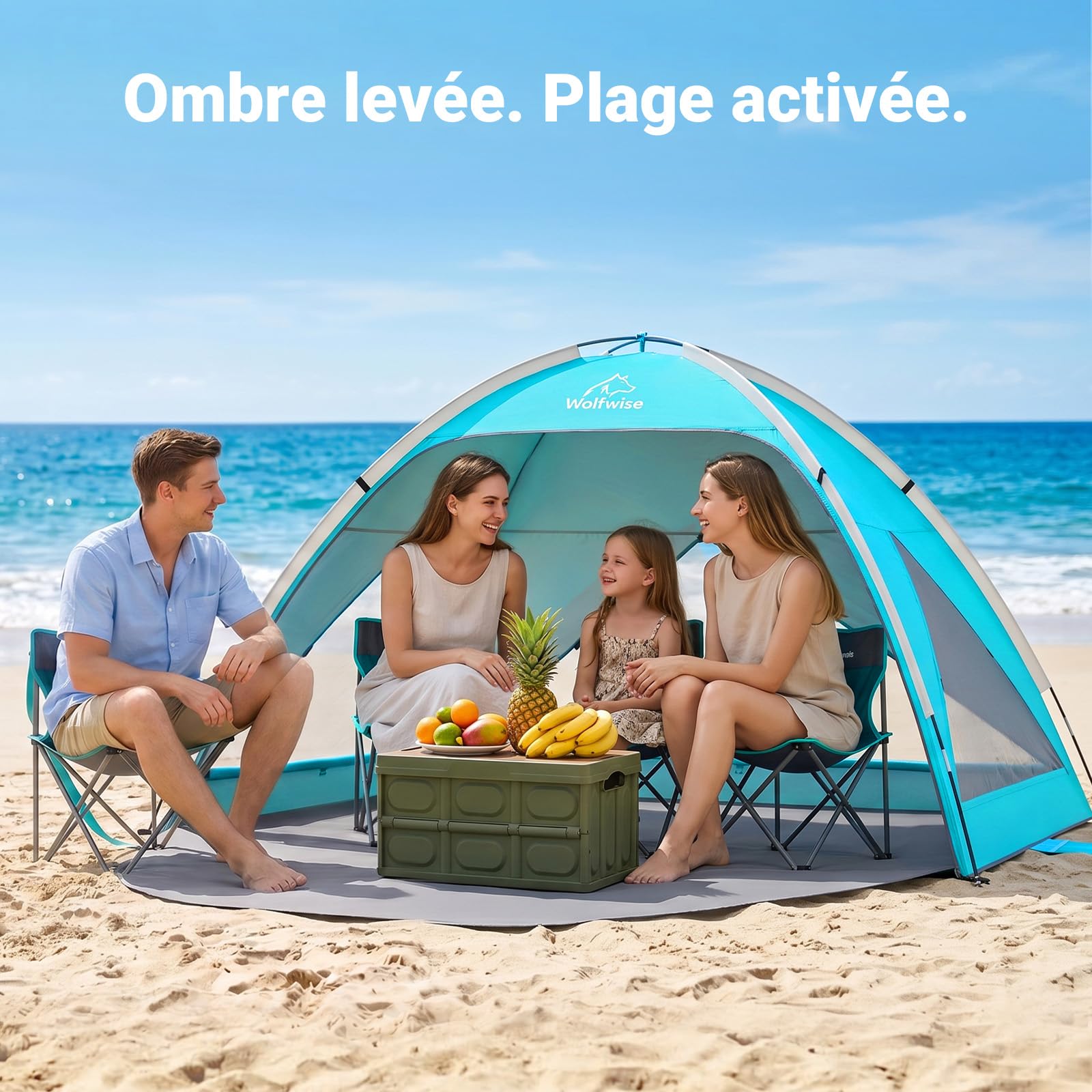 Wolfwise Tente de Plage UPF 50+ pour Famille, Abri Solaire Anti-UV avec 3 Fenêtres Ventilées, Plancher Extensible et Sac de Transport, Capacité 4 Personnes, Bleu