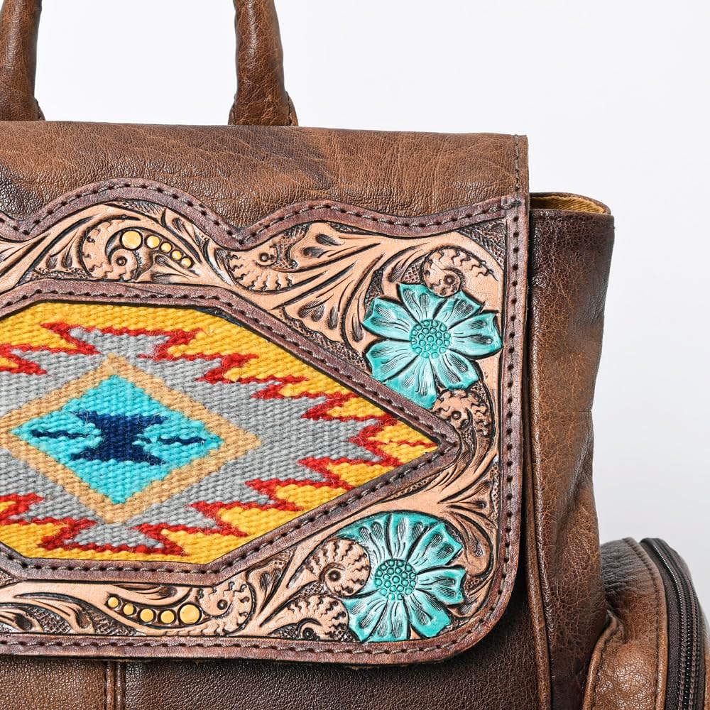 American Darling Western Backpack Handcrafted from Tooled Leather & Saddle Blanket | Panel Purse with Multiple Pockets