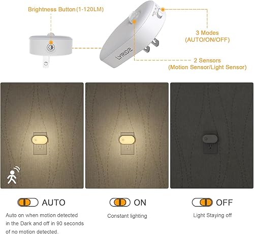 Miniatura 2 de Lyridz Luz nocturna enchufable con sensor de movimiento, 120LM superior brillante inteligente mini luz nocturna LED, blanco cálido con brillo