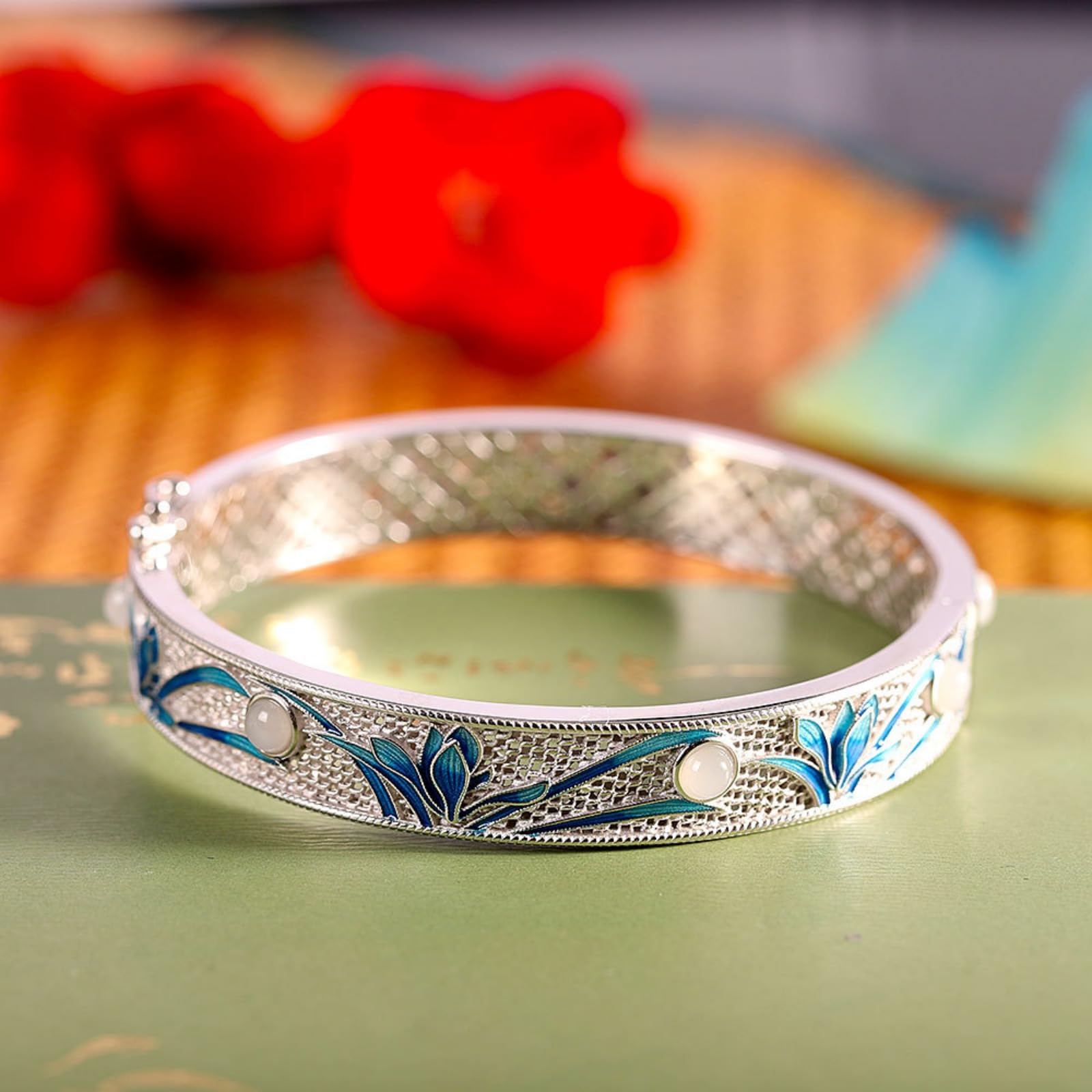 Braccialetti d'argento, braccialetti vintage, Bracciale rigido aperto in argento sterling S925 con nefrite, artigianato tradizionale, accessorio perfetto for appuntamenti e feste