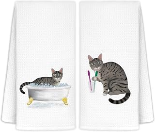 Funny Gray Black Cat Decorative Towel Hand for Bathroom Kitchen Set of 2, Cat Gifts for Women Men, 16x24 in