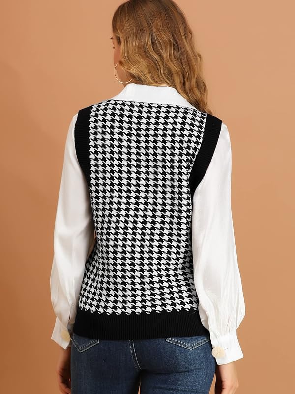 Allegra K Women's Round Neck Vest Sleeveless Houndstooth Plaid Knitted Sweater Large Black by Allegra K - Image 5