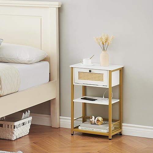 Miniatura 6 de J-yaamiZz Mesa auxiliar con estación de carga, puertos USB y tomacorrientes, cajón y estante de almacenamiento de 2 niveles, mesa auxiliar para sala