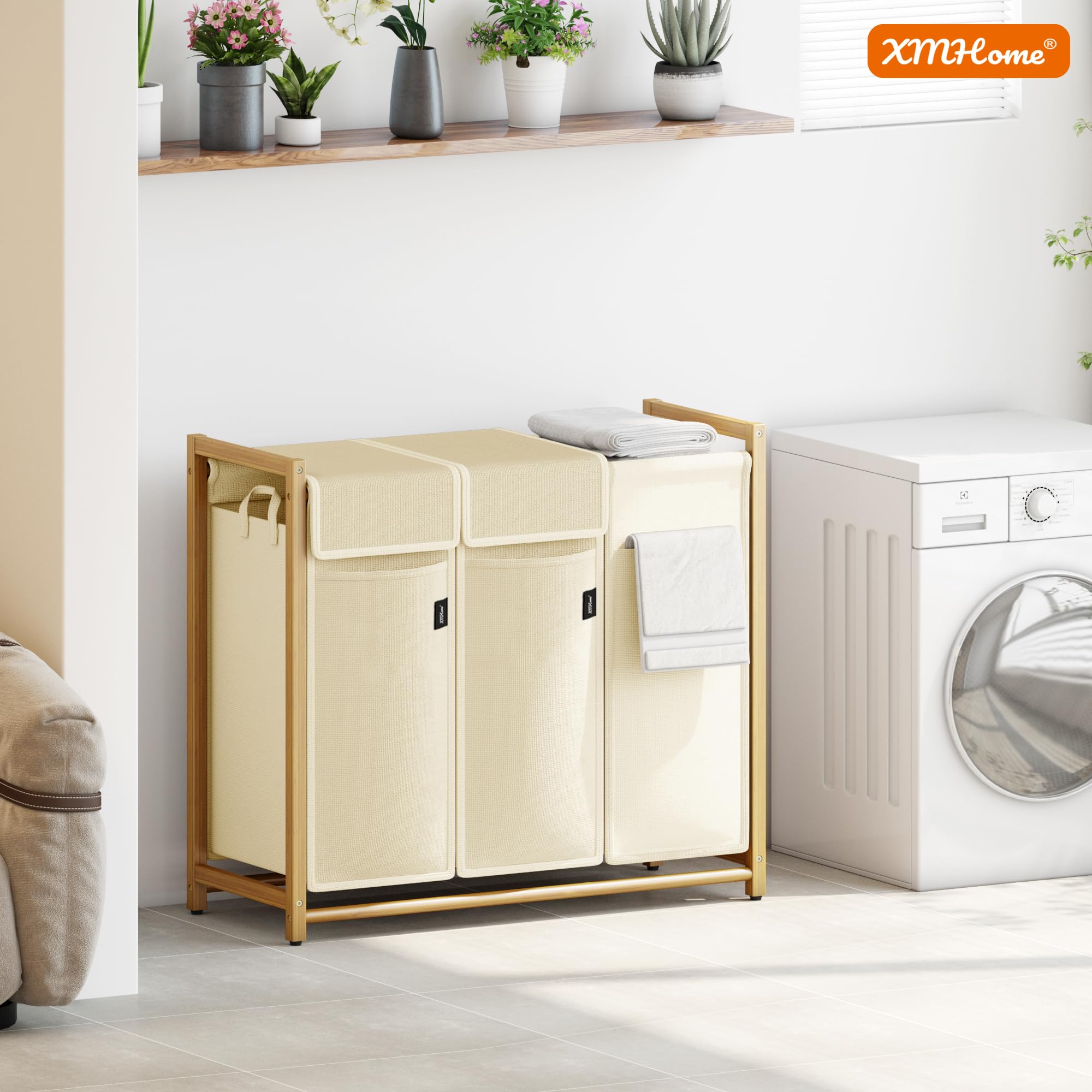 Wäschekorb 148L mit 3x49L Fächern Bambus Wäschesammler mit Deckel | Wäschesortierer mit herausnehmbaren Taschen, rechteckige Wäschebox für Schlafzimmer, Bad & Waschküche Beige