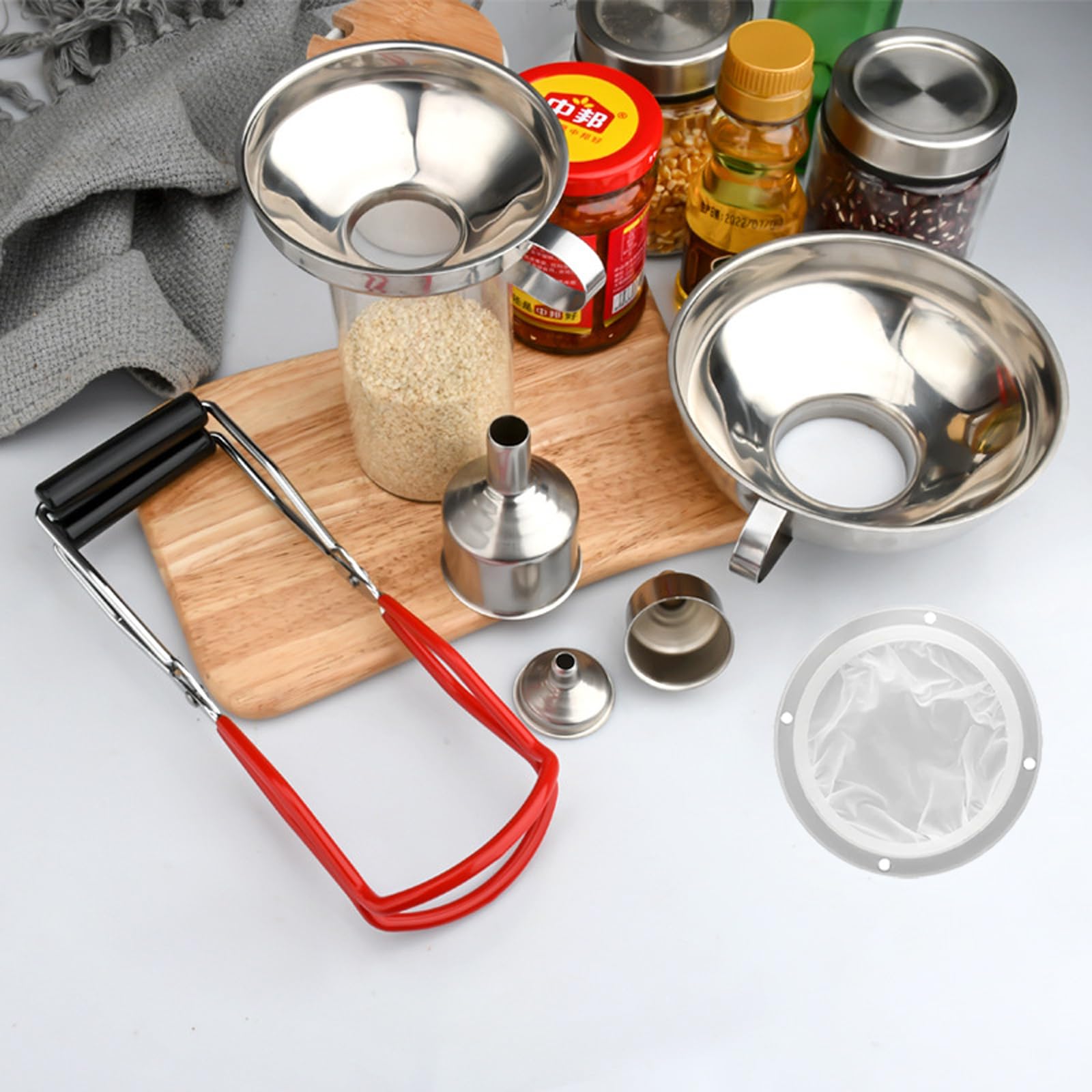 Juego de Embudo de Acero Inoxidable, Embudo Cocina, Embudos para Mermelada, Con Elevador de Tarros y Filtro, Embudo para Rellenar Líquidos, Aceites, Vino y Salsas