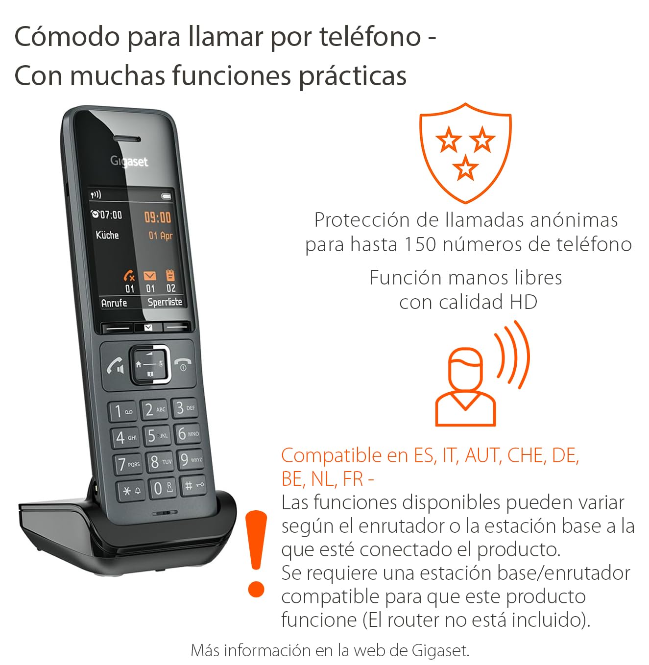 Gigaset COMFORT 520HX - Teléfono Supletorio - Diseño Elegante - Agenda, Negro Titanio [Compatible en ES, IT, AUT, CHE, DE, BE, NL, FR] [Sin Base]